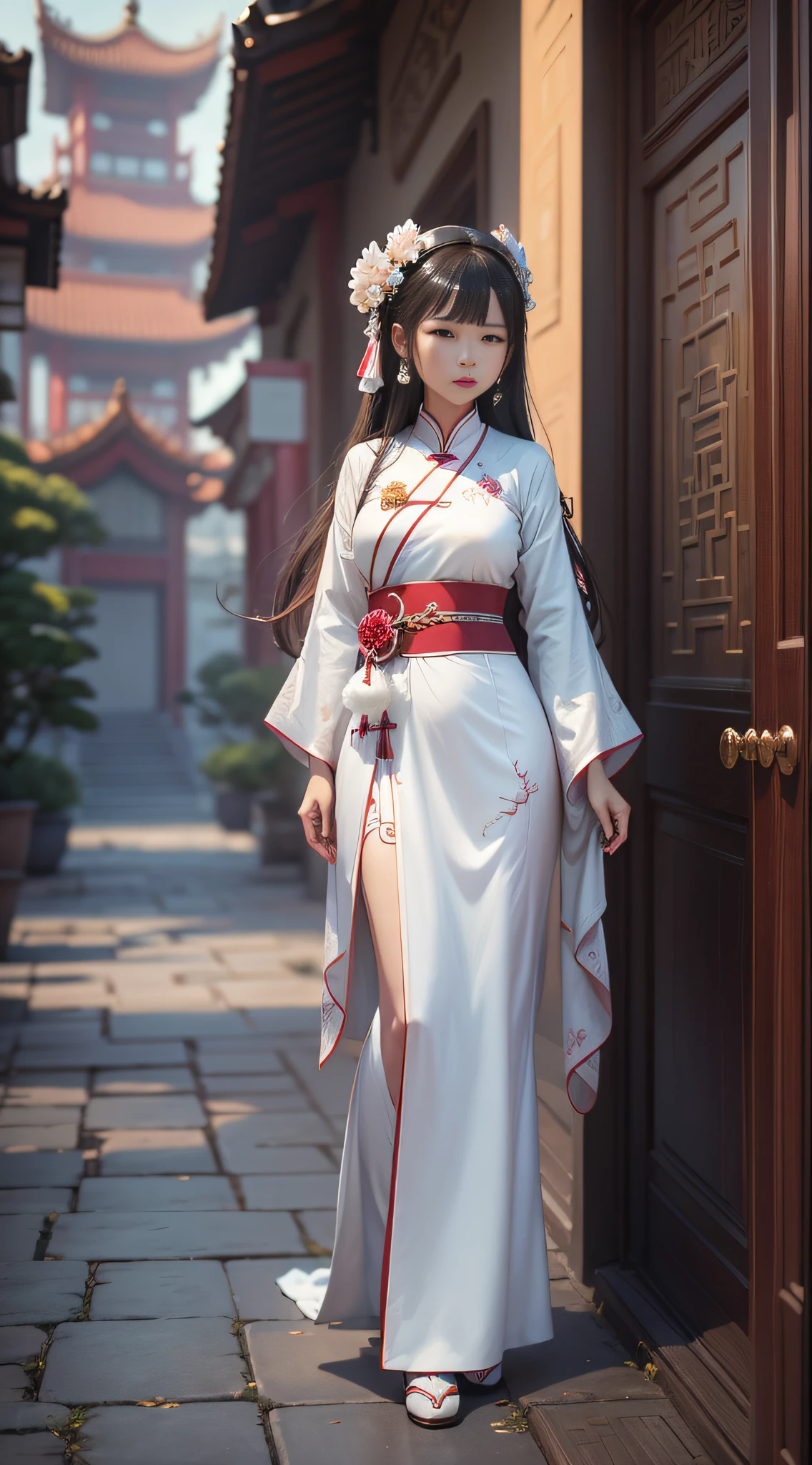 Asian woman in white dress standing in front of a building, popular on CGSTATION, beautiful digital artwork, Pan Chengwei on Artstation, CGex and Bonghua Zhong, palace, girl in Hanfu, movie. Full body, close-up, by Leng Jun, Guvez style artwork, Yang J, Ross Chen 8 K --auto --s2