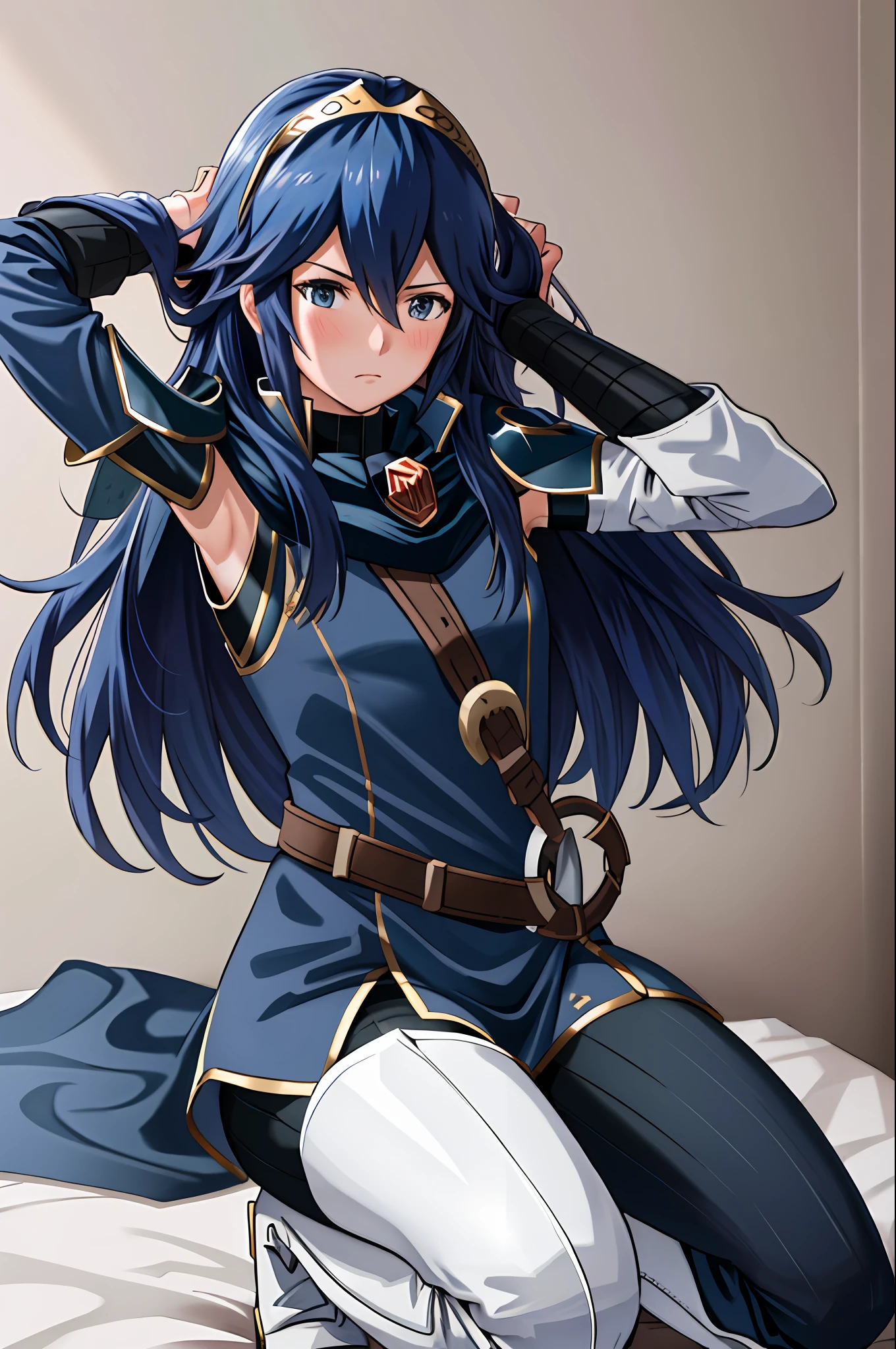 lucina fe, 1girl, solo, looking at viewer, blush, squatting, on bed, angry, thigh boots, leggings, armor, shoulder armor, long sleeves, tiara, cape, belt, wariza, bent over, arms behind head, armpits