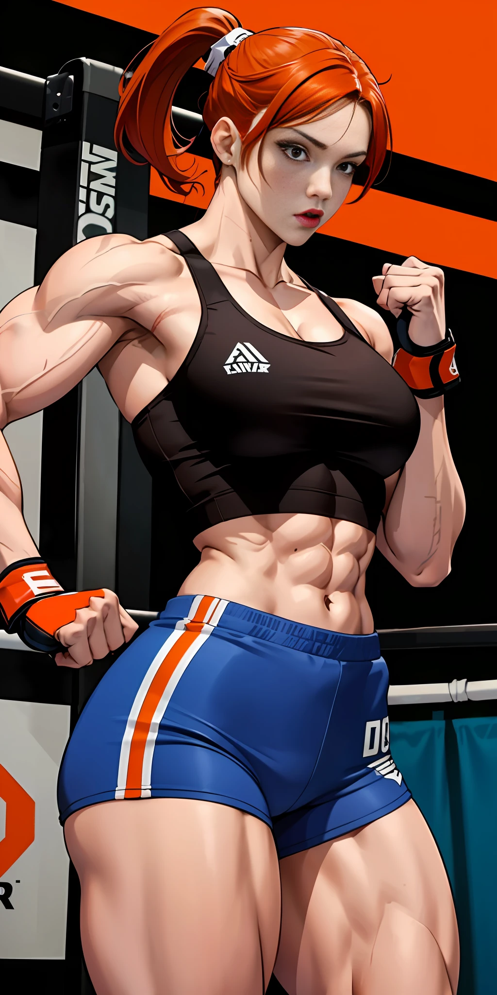 Woman, redhead, adult, lipstick, provocative face, shorts: ufc, tank top, boxing gloves, orange hair (ponytail), muscular, strong arms, big thighs, big ass, small breasts, (background: boxing gym)