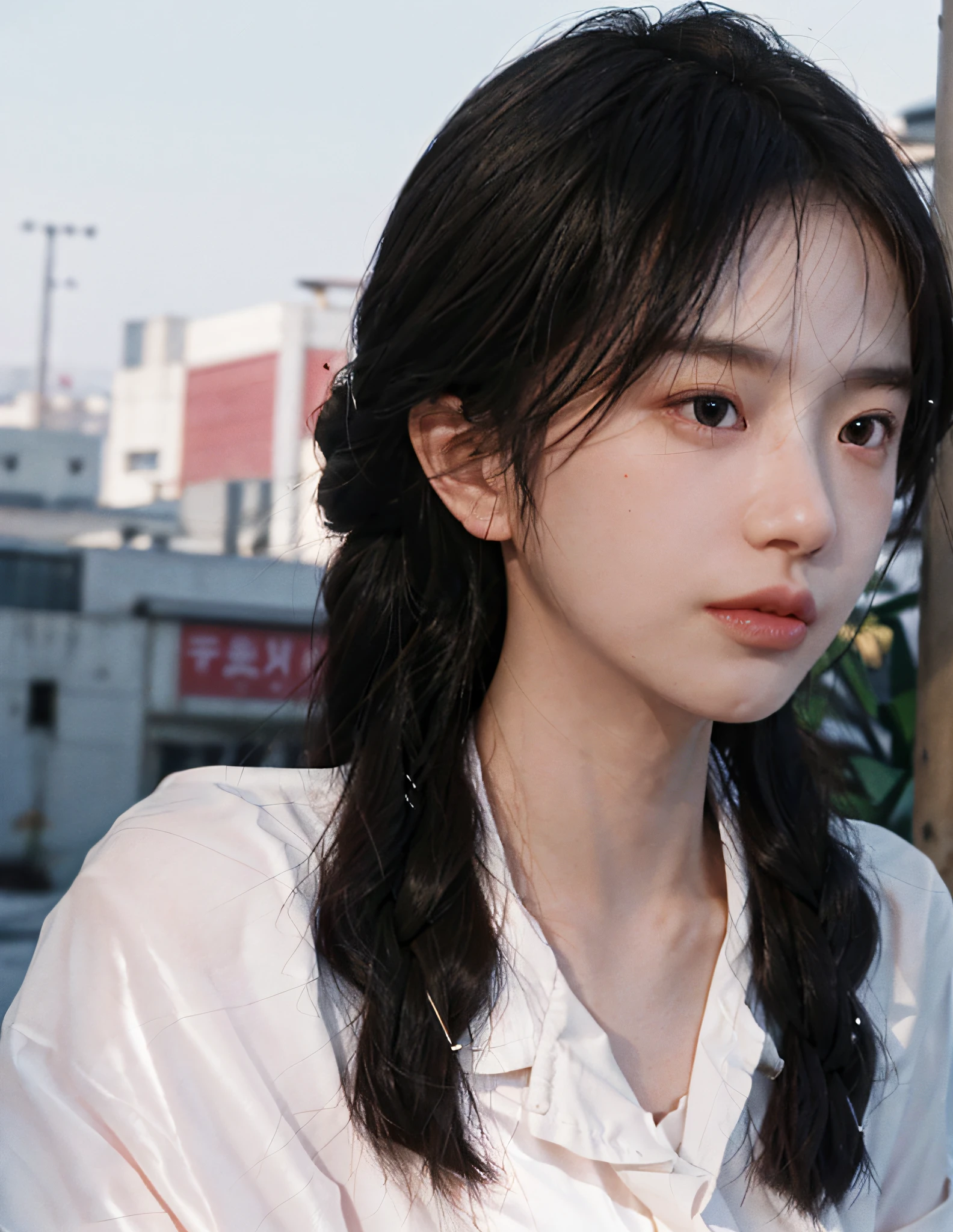 8k, RAW Photo, Best Quality, Masterpiece, High Detail RAW Color Photo, Professional Photo, (Realistic, Photorealistic Photorealism: 1.37), (High Detail Skin: 1.2), High Resolution, Beautiful Detailed Eyes, (Hard Focus: 1.4), (Clear Focus: 1.4), Realistic, (8K UHD: 1.2), Realistic High Quality Shadows, Split Lips, Slender Face, (Wavy Hair), Half Top Knot, Crown Braid, Pink Eye Color, Suggestive Look, (Extreme Facial Close-up) , pov, ((((depth of field))), pale and shiny skin, cropped draped collar shirt, 30 years old, buruma, roof, bokeh, lens flare, (vignetting: 0.8), dramatic lighting, cinematic lighting, backlighting, professional lighting, physically based rendering, ulzzang-6500-v1.1, pureerosface_v1.