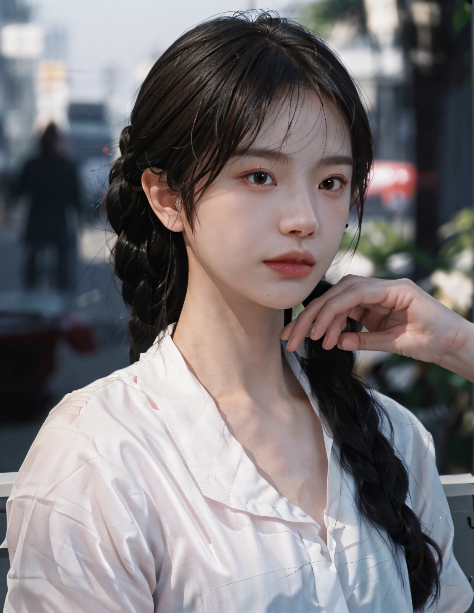 8k, RAW Photo, Best Quality, Masterpiece, High Detail RAW Color Photo, Professional Photo, (Realistic, Photorealistic Photorealism: 1.37), (High Detail Skin: 1.2), High Resolution, Beautiful Detailed Eyes, (Hard Focus: 1.4), (Clear Focus: 1.4), Realistic, (8K UHD: 1.2), Realistic High Quality Shadows, Split Lips, Slender Face, (Wavy Hair), Half Top Knot, Crown Braid, Pink Eye Color, Suggestive Look, (Extreme Facial Close-up) , pov, ((((depth of field))), pale and shiny skin, cropped draped collar shirt, 30 years old, buruma, roof, bokeh, lens flare, (vignetting: 0.8), dramatic lighting, cinematic lighting, backlighting, professional lighting, physically based rendering, ulzzang-6500-v1.1, pureerosface_v1.