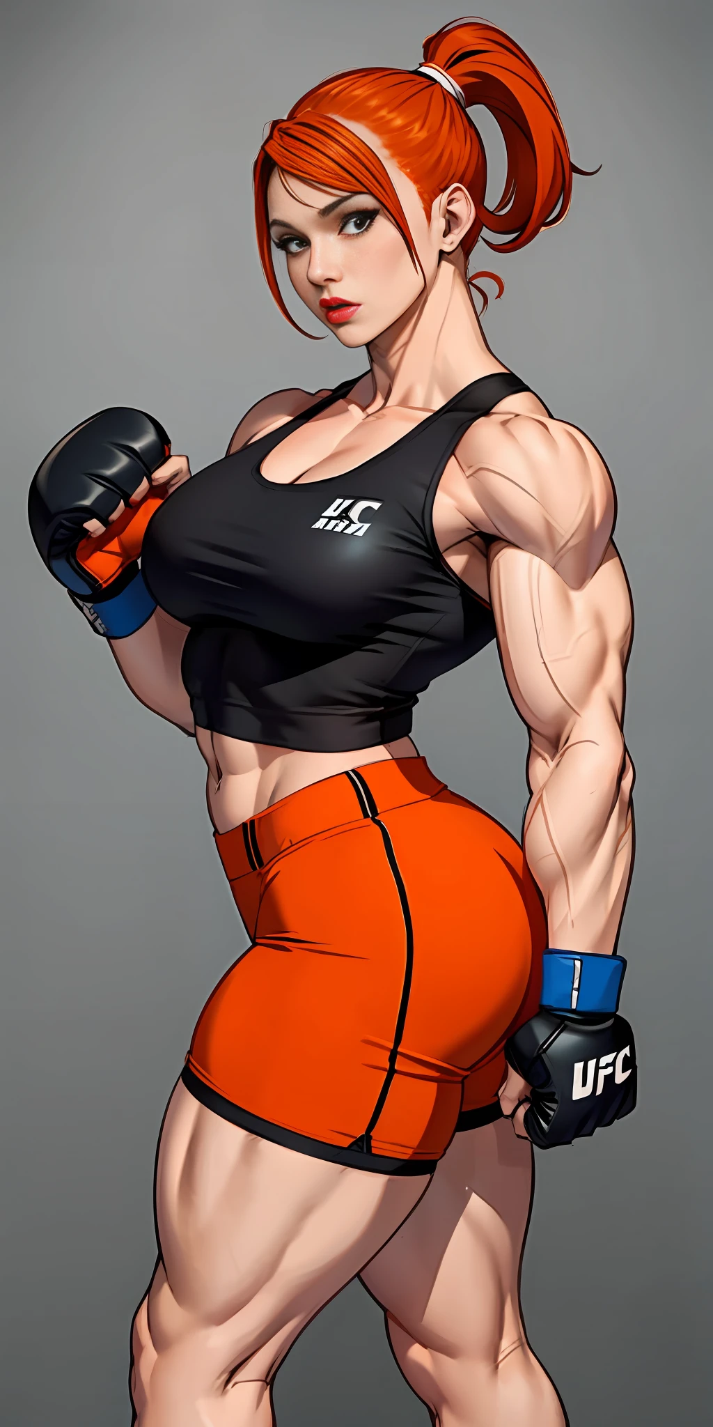 Woman, redhead, adult, lipstick, provocative face, shorts: ufc, tank top, boxing gloves, orange hair (ponytail), muscular, strong arms, big thighs, big ass, small breasts, (background: boxing gym)