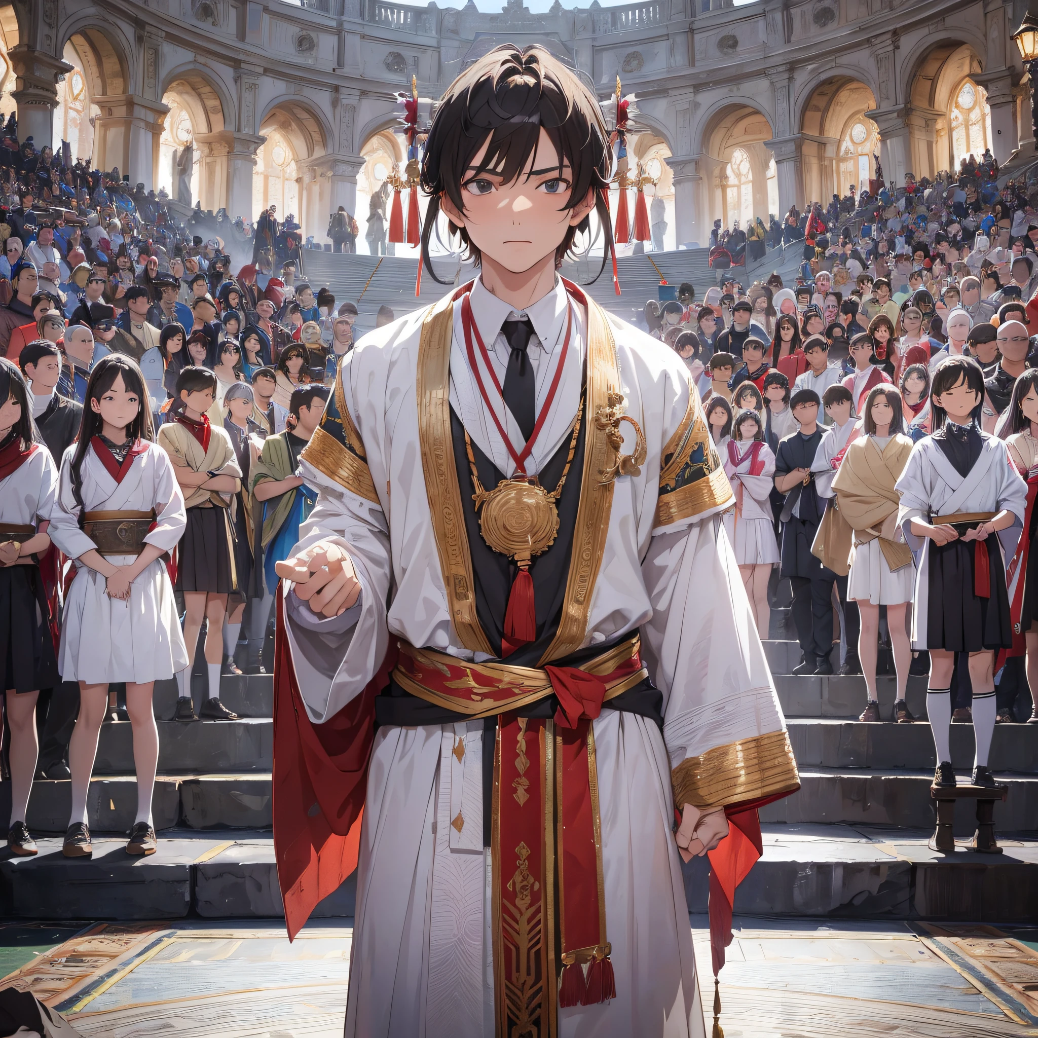 Awakening ceremony, absurd resolution, high resolution, (masterpiece: 1.4), hyper-detail, 1boy, mature man, brunette man, high school student dress-up, awakening ceremony, grim expression, full body photo, on the huge altar, many spectators in the audience watched, touching a huge stone with one hand