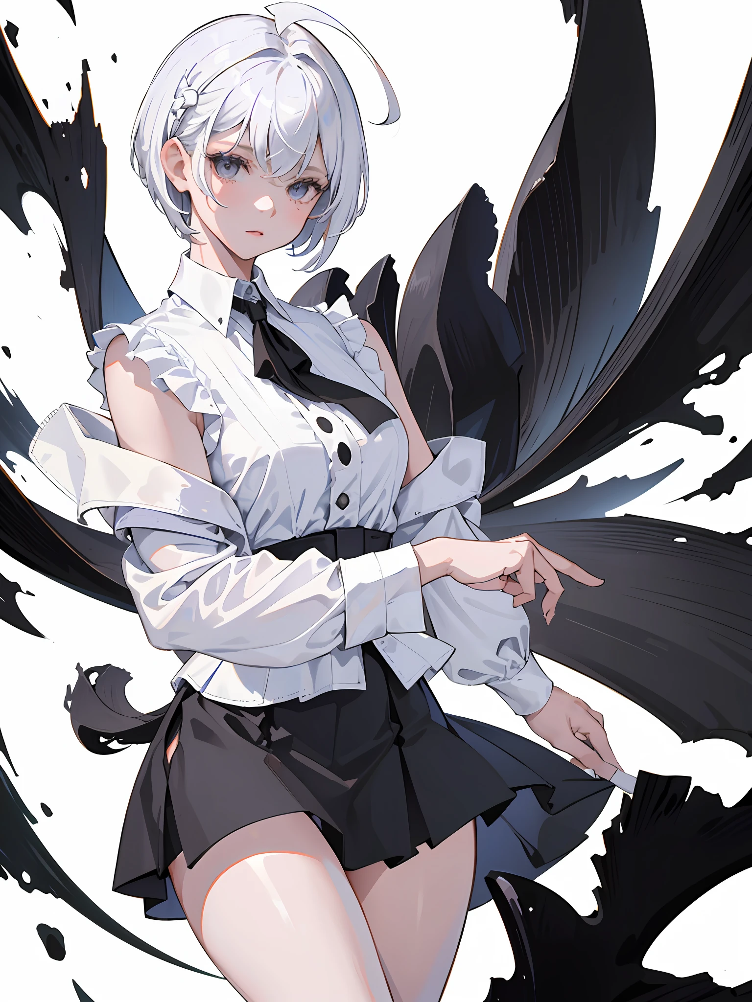 ((masterpiece, best quality)), (1girl), (solo), (female focus), (ahoge, white hair, short hair), black eyes, ((white shirt), (buttoned shirt)), ((black skirt), (short skirt)), standing, white background, behind arms,
