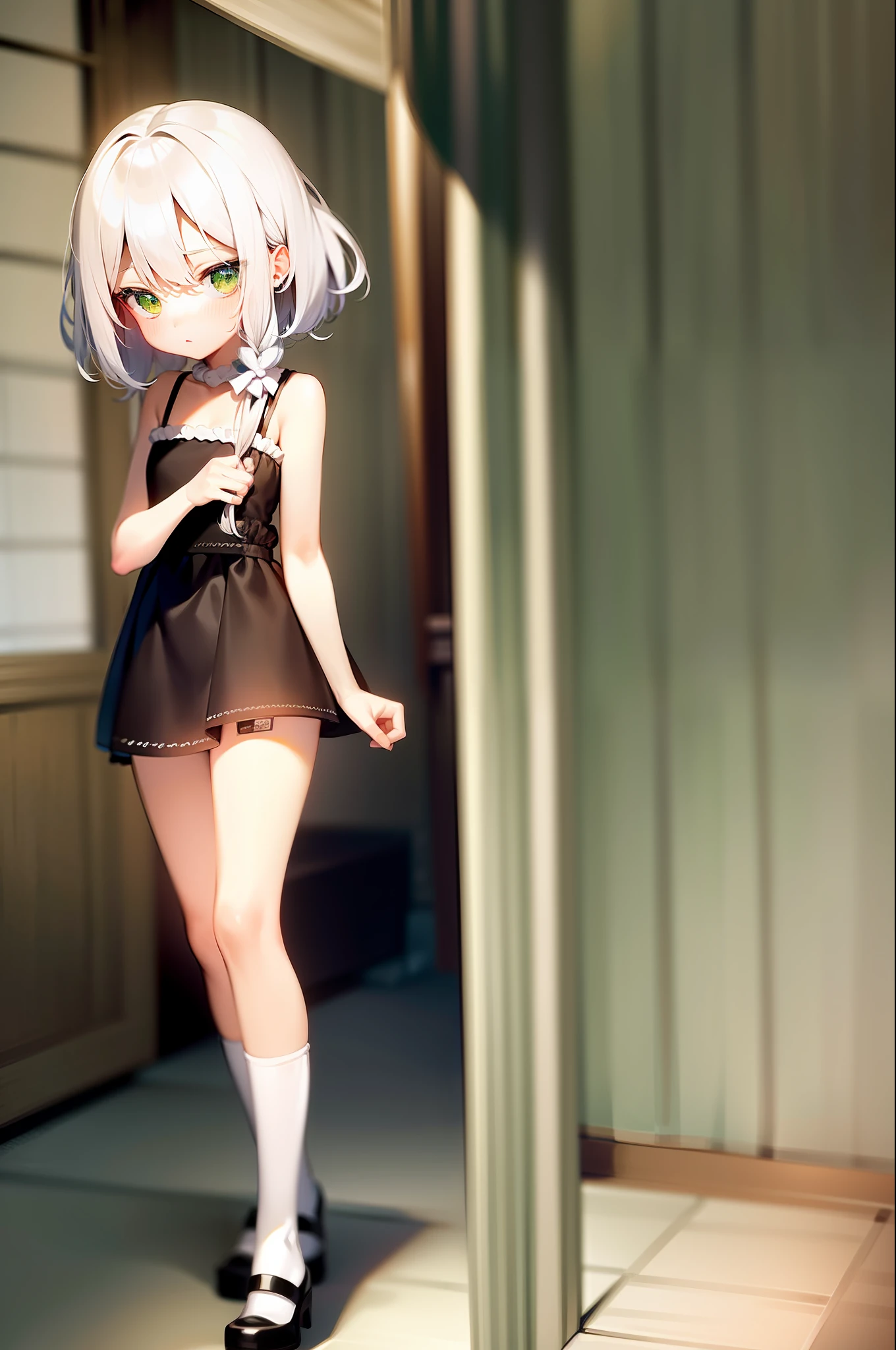 Loli has white hair and green eyes, cute