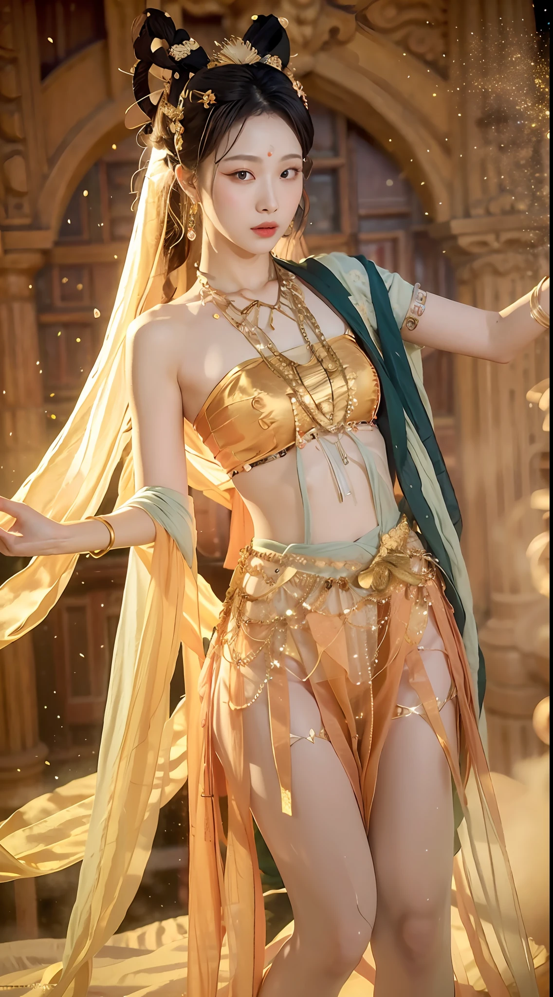 (8k, RAW photo, best quality, masterpiece: 1.2), (realistic, photo-realistic: 1.4), (extremely detailed CG unity 8k wallpaper), 1 girl solo, full body, thighs, navel exposed, golden waist chain, golden accessories, particles, dance, dunhuang_dress, dunhuang_style, dunhuang_background, blurry_background,