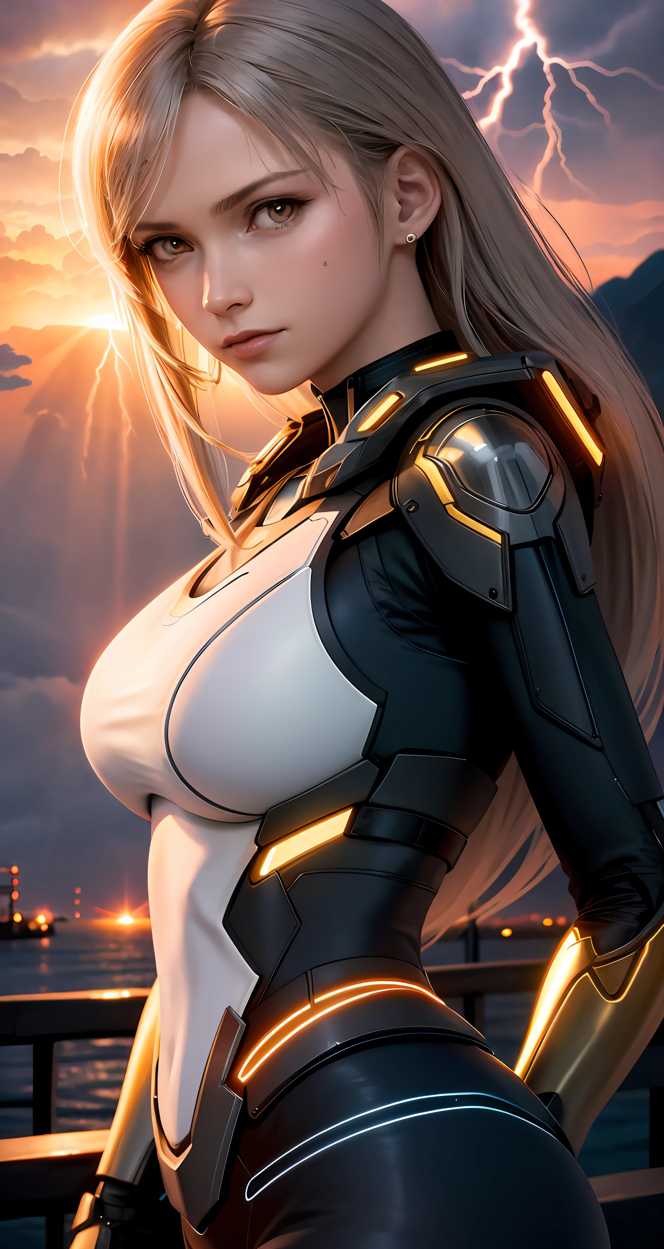 Masterpiece, Best Quality, Movie Stills, 1girl, Tights, Big Tits, Close-Up, Bright, Serious, Sunset, (Lightning: 0.7)