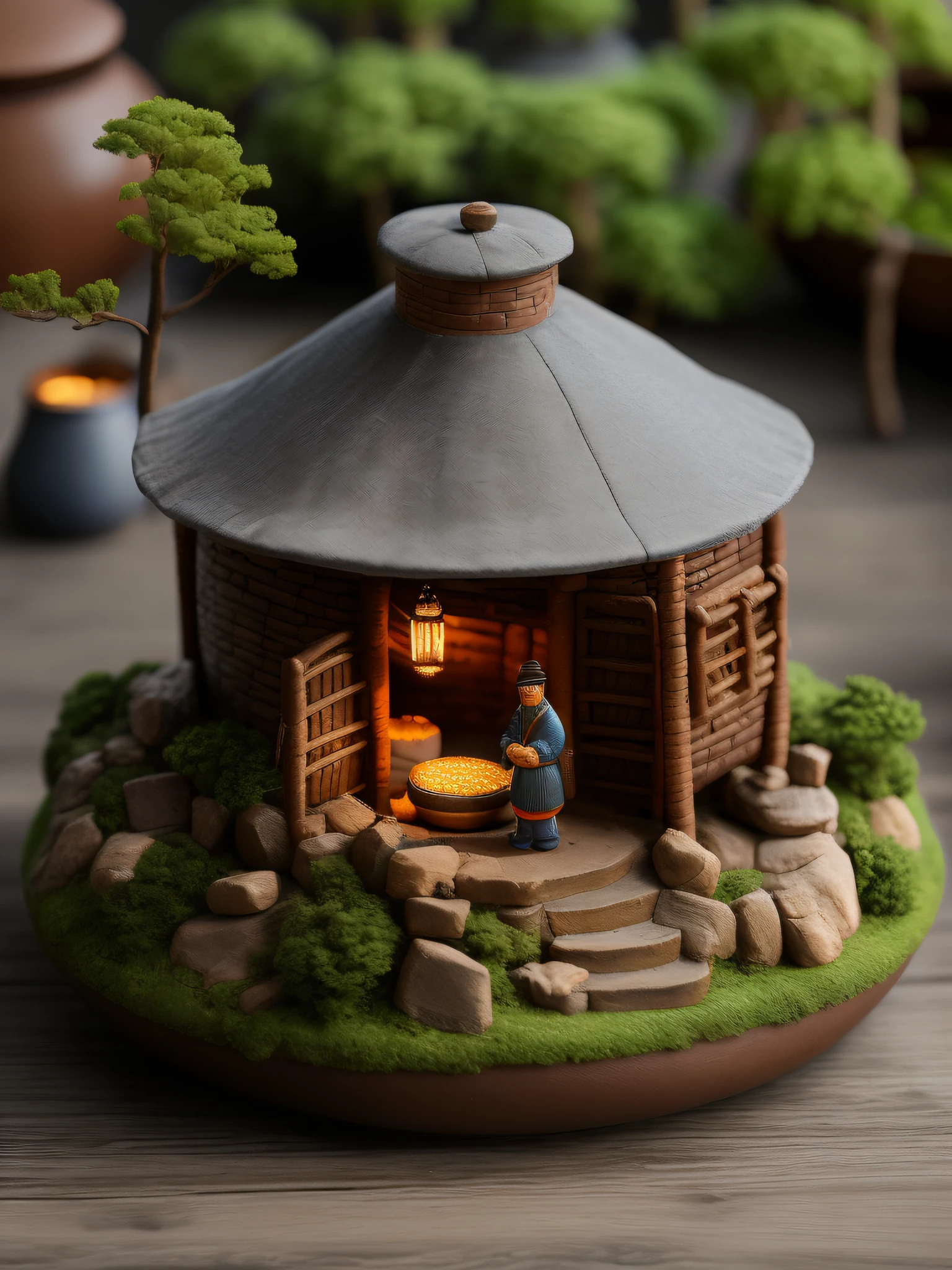 Ancient Chinese farmer stir-fry model diorama in stovetop cauldron, super detailed, details with lots of details, very cool lens, super epic, 8K, color film, (vista, full body), dark style, (brick floor, ancient Chinese architecture, trees, shrubs), (low saturation: 1.2), (ancient Chinese farmer, hair bun, blue-gray linen clothes, shabby clothes, cloth shoes: 1.2), night, bokeh background, wide angle, canon 85 f1.8, dark picture, (plastic texture: 1.5), (rich scene, rich detail: 1.2), spotlight, (not base: 1.2), forest background at night,
