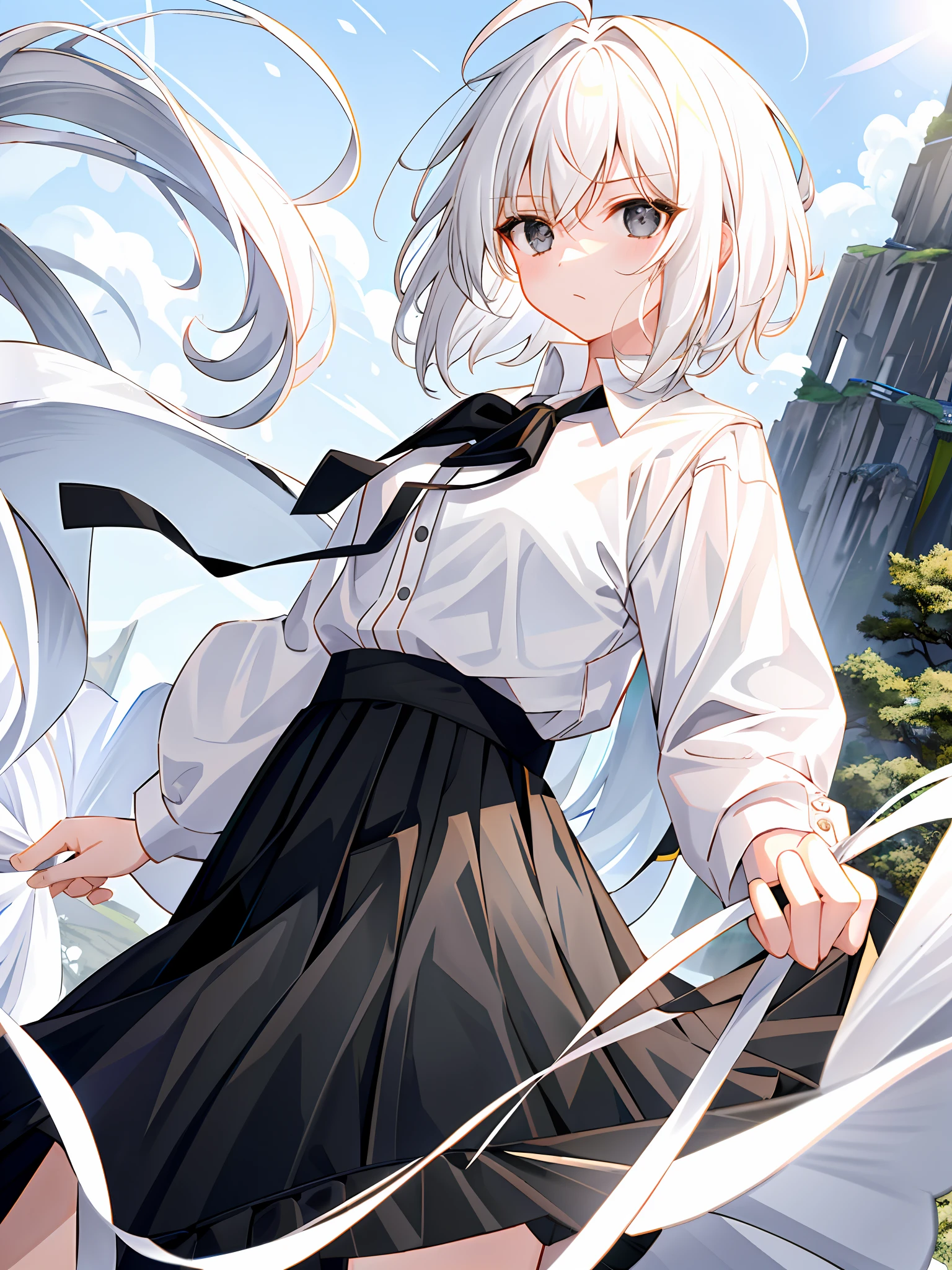 (1girl), (solo), (female focus), (ahoge, white hair, short hair), black eyes, ((white shirt), (buttoned shirt)), ((black skirt), (long skirt)),站立，白色背景，