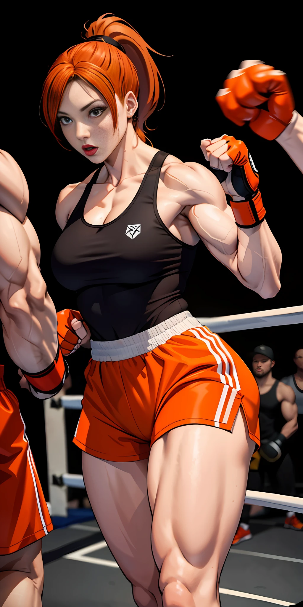 Woman, redhead, adult, lipstick, provocative face, shorts up to the thigh: cfu, tank top, boxing gloves, orange hair (ponytail), muscular, strong arms, big thighs, big ass, small breasts, (background: boxing gym)
