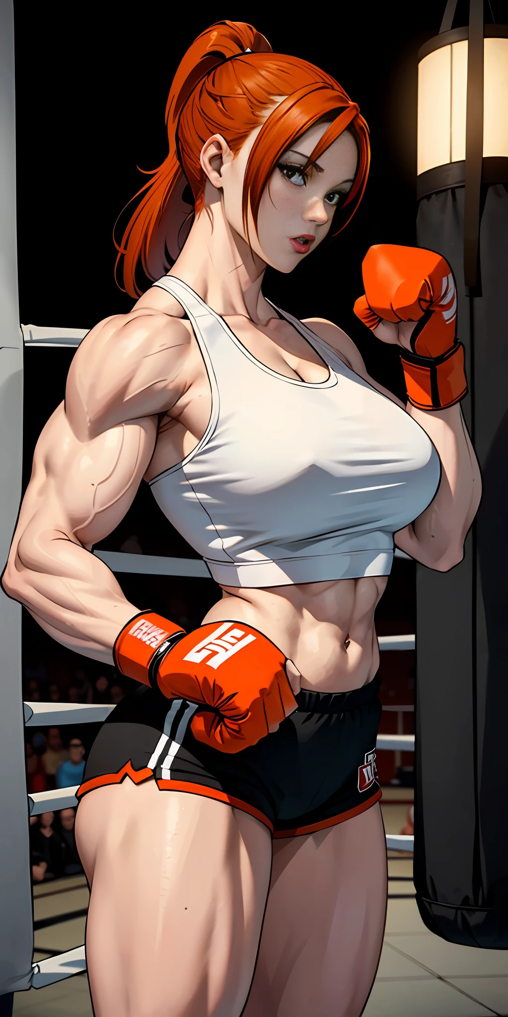 Woman, redhead, adult, lipstick, provocative face, shorts up to the thigh: cfu, tank top, boxing gloves, orange hair (ponytail), muscular, strong arms, big thighs, big ass, small breasts, (background: boxing gym)