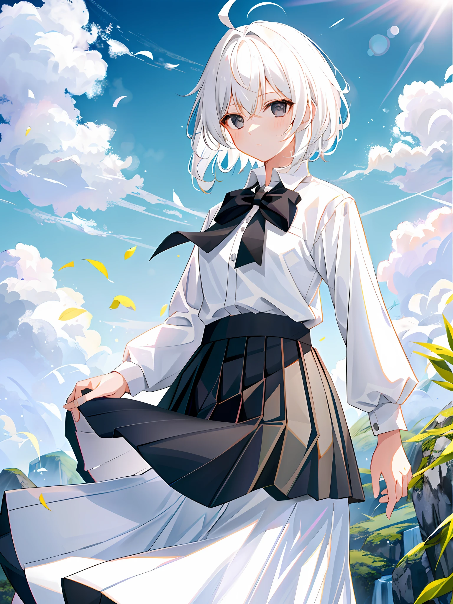 (1girl), (solo), (female focus), (ahoge, white hair, short hair), black eyes, ((white shirt), (buttoned shirt)), ((black skirt), (long skirt)),站立，白色背景，