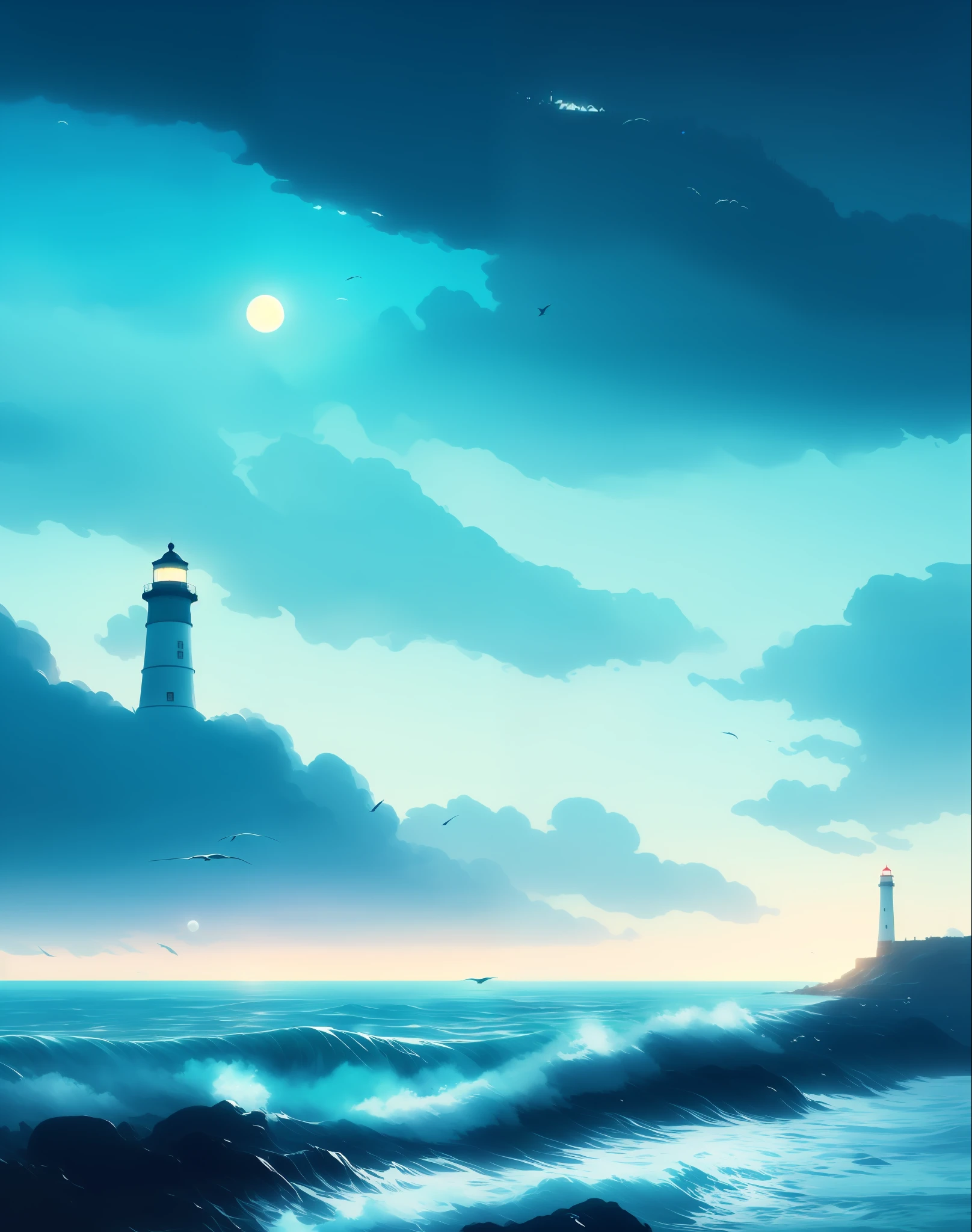 At dawn, majestic waves lapping against the digital painting of a tall lighthouse in the distance, sea, clouds, background bokeh, detailed landscape, moon, wind, fog, seagulls flying, lines of Conrad Rosset, brushstrokes of Yoji Shinkawa, colors of Makoto Shinkai, watercolor by haccan, trending on artstation