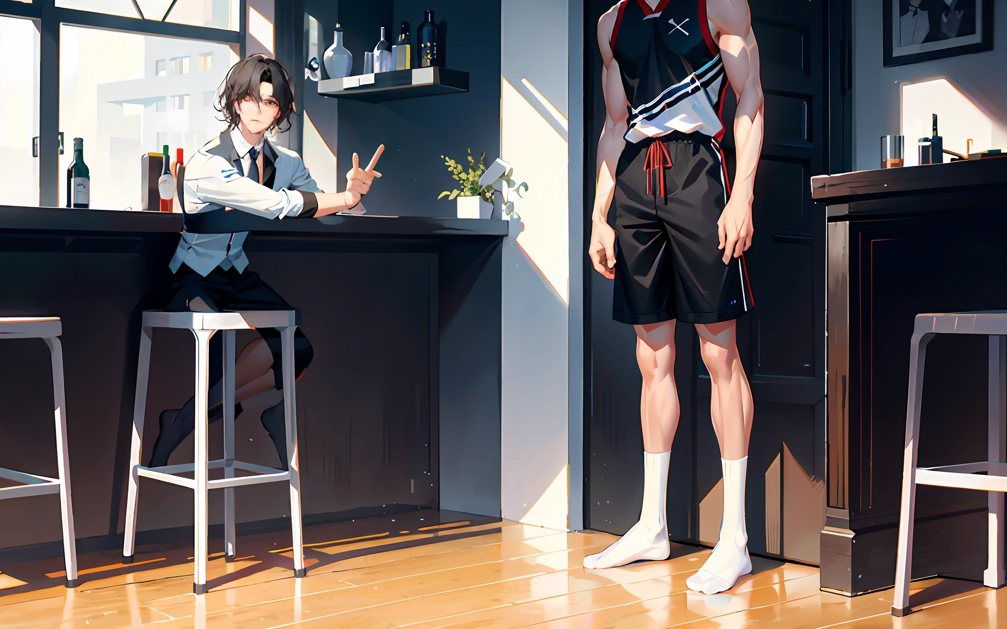 In the bar, high-looking handsome boy whole body shot, 2boy, delicate light and shadow, indoors, white skin, super long legs, wide shoulders, muscular veins, slender feet, black basketball socks design, no shoes, sports vest, solo x1.5, poor expression, Cai Xukun, only draw the necessary body parts, 290cm height: 1.2, proportionally larger legs, fitness movements, full body shot.