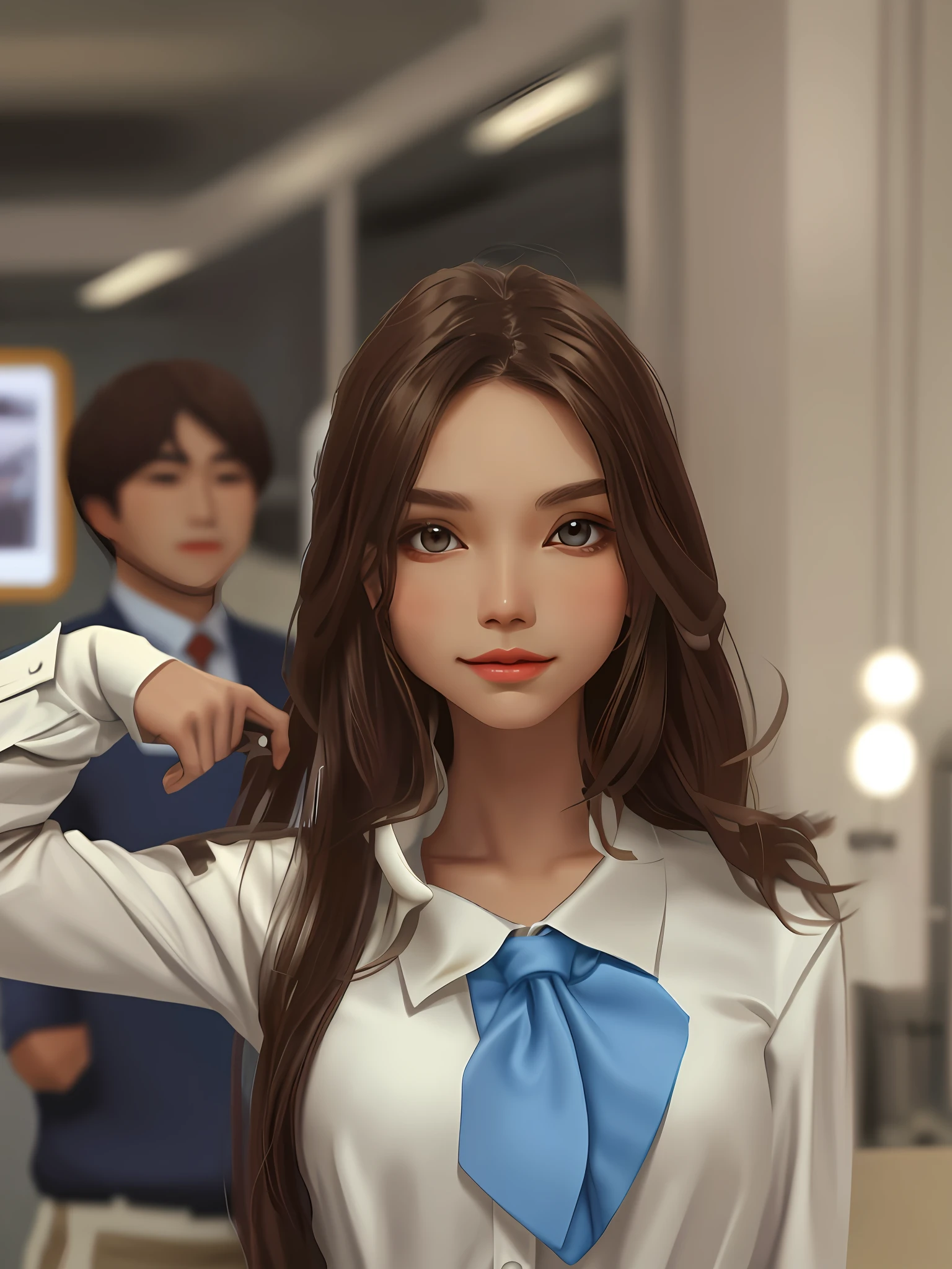 Dark brown hair, brown eyes, white shirt, blue tie, beige skirt