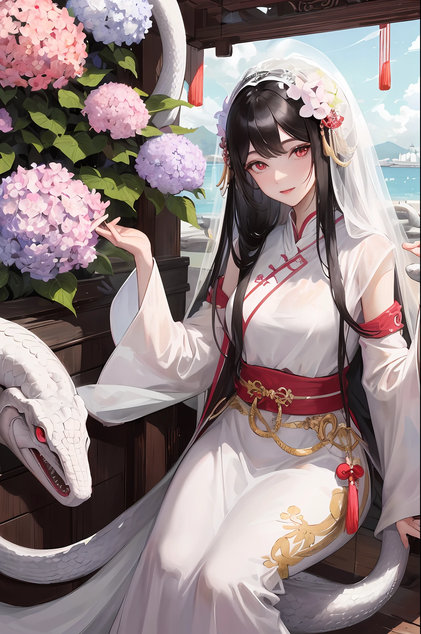 Masterpiece, Superb Boat, 1 Woman, 1 People, Chinese Style, Ancient, White Clothes, Hair Ornament, White Veil, Smile, Long Black Hair, Light Pink Lips, Calm, Intellectual, Medium Black Hair, Red Pupils, Hydrangeas, A White Snake Coiled on the Arm, White Snake, Snake