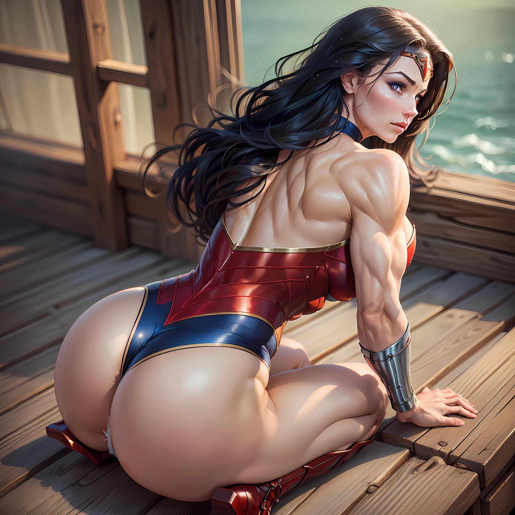 1girl, single, solo, professional photo, defined muscles, female back, girl sitting on her back on a wooden bench, bottom of a window overlooking the sea, large white curtain, sunlight, turned back, top, back view, (((ass up))), (kneeling on all fours), wonder woman, (intricate details, makeup), (delicate and beautiful delicate face, delicate and beautiful delicate eyes, perfectly proportioned face), (realistically moist skin: 1.0), (drenched body: 1.0), (wet skin), wet hair, delicate skin, {{{only five fingers}}}, Strong and realistic blue eyes, realistic black hair, lips, makeup, natural skin texture, tiara, leotard, bulletproof cuffs, red boots, slightly sunburned skin tone, mature, sexy, elastic muscles, (muscles:1.2), ((strong and healthy body)), ((((((more) muscles))), long legs, curves, thick thighs, wide buttocks, thin legs, (big breasts: 1.2), thin waist, soft waist, (delicate skin), (beautiful and sexy woman), (swollen lips: 0.9), (eyelashes: 1.2), very delicate muscle definition,