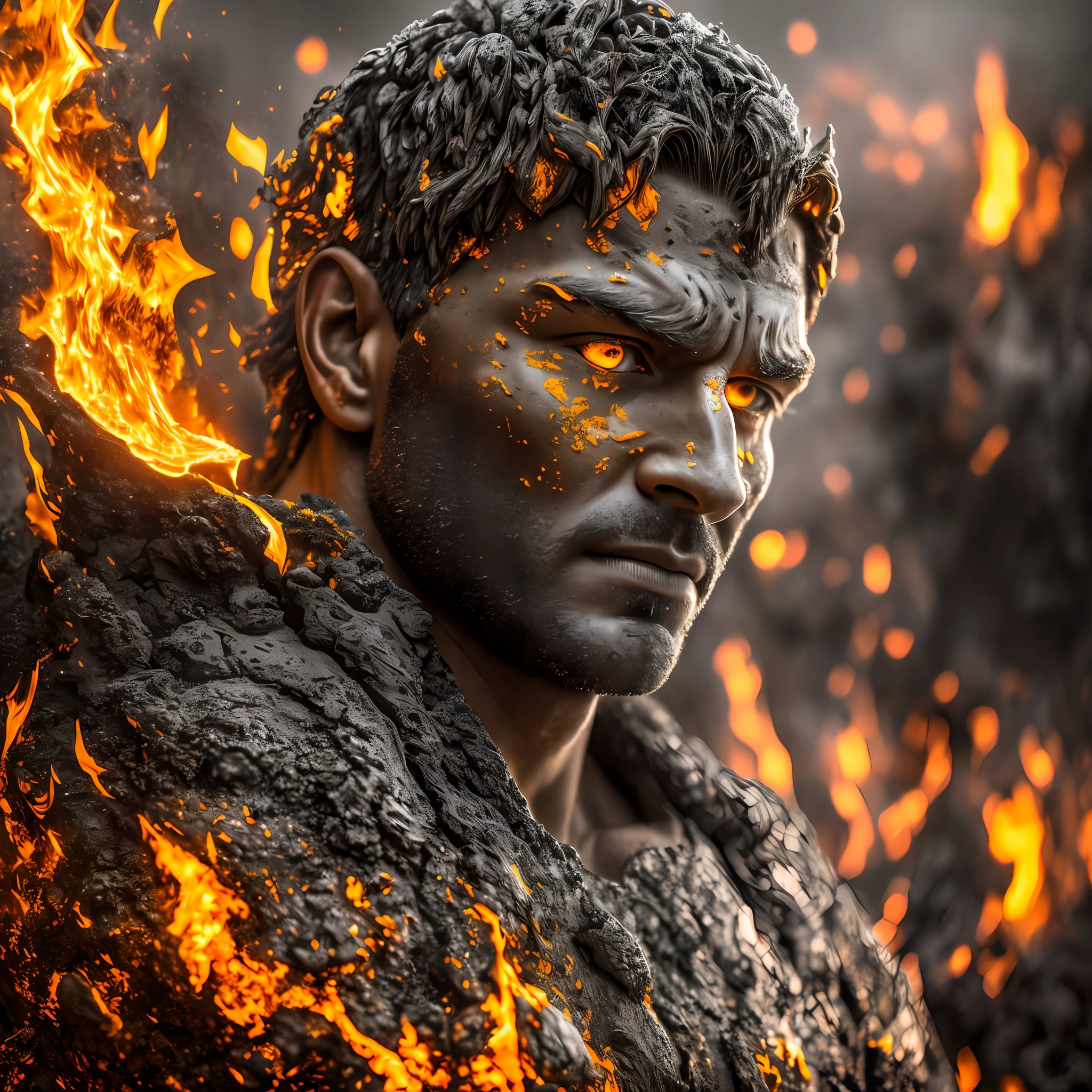 Drawing, fantasy, realism, detail, dynamism of movements, portrait, man frozen in lava, detail, covered with ash (detailing), man 30 years old, covered with lava, yellow eyes visible, fire, frozen lava, cave, clarity 8 k --auto --s2