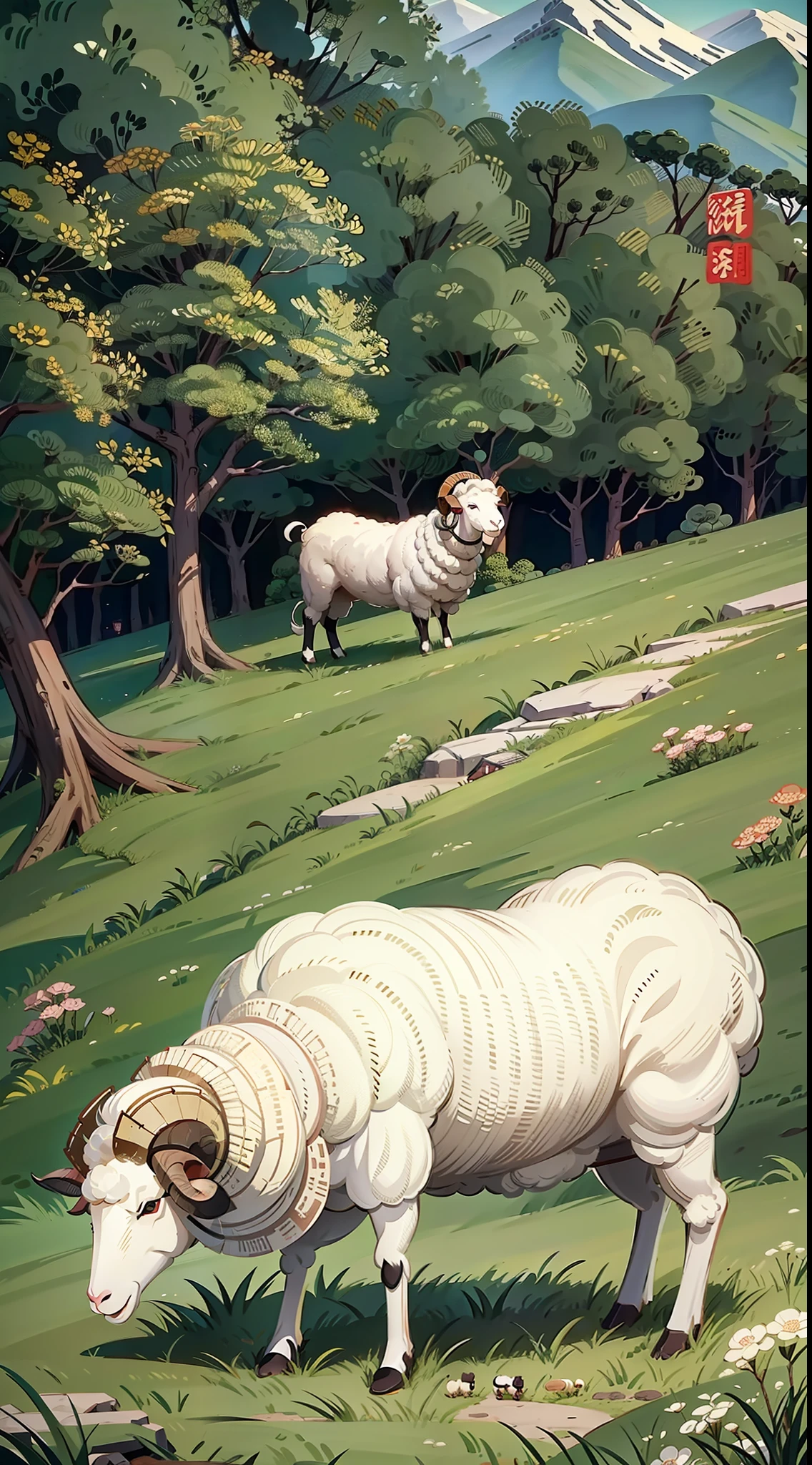 Sheep on grass, sheep eating grass, illustration of sheep, color illustration, Chinese painting style, Chinese watercolor style, Chinese traditional ink painting, Li Keran, traditional Chinese painting, Chinese ink painting, Chinese traditional art, Li Kan, Liang Kai, Jin Yiwei