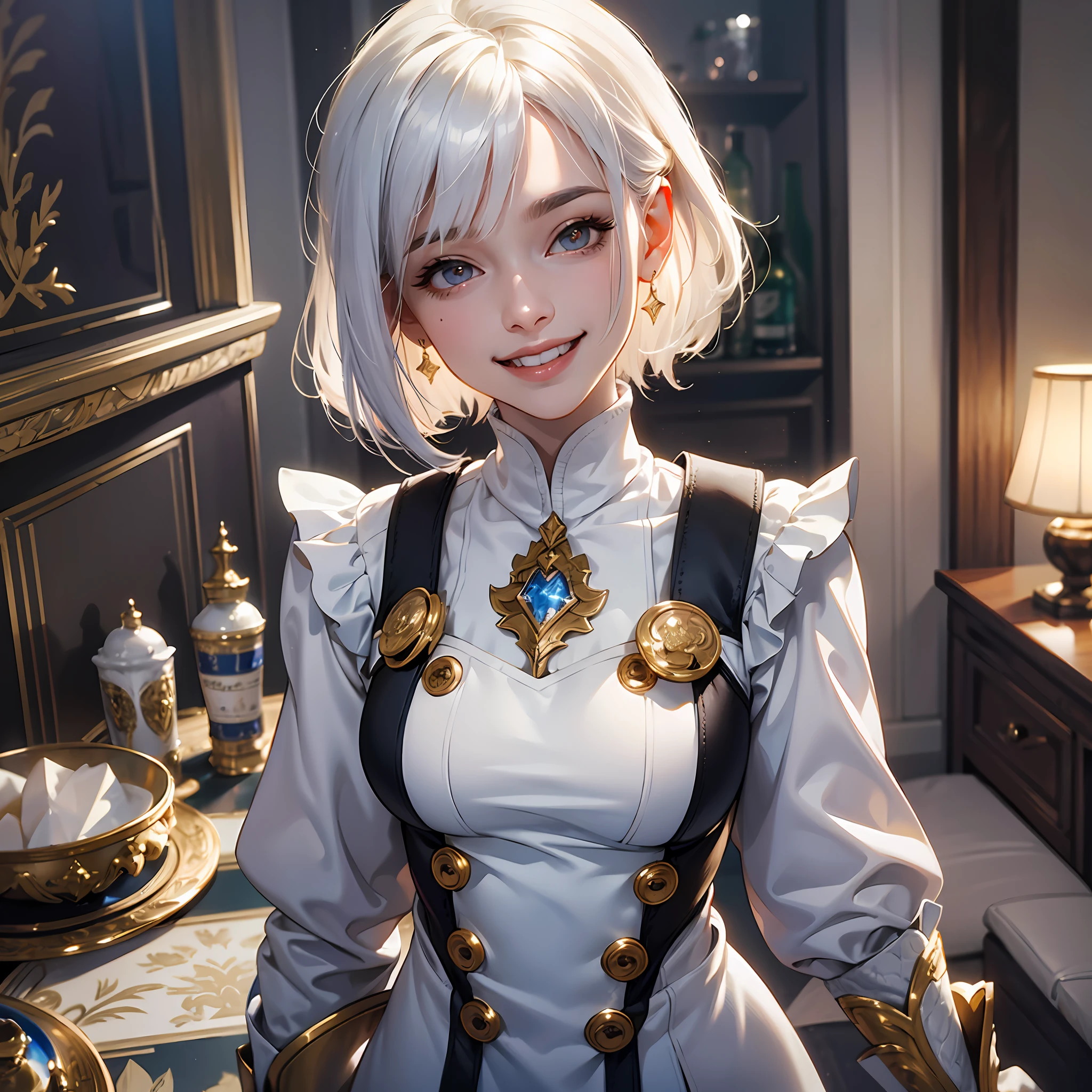 Full body, white hair, ((Dragoon: 1.2)), blunt head, masterpiece, best quality, official art, extremely detailed CG unity 8k wallpaper, 1 girl, super high resolution, (realism: 1.4), gold Slot Lighting, Sweater Dress, (Upper Body), (Baby Sal: 1), (Platinum Short Hair: 0.8), ((Puffy Eyes)), Looking at Viewer, Facing Front, Smiling, Laughing, Medium Breasts, Top, gloves, short hair, --auto --s2