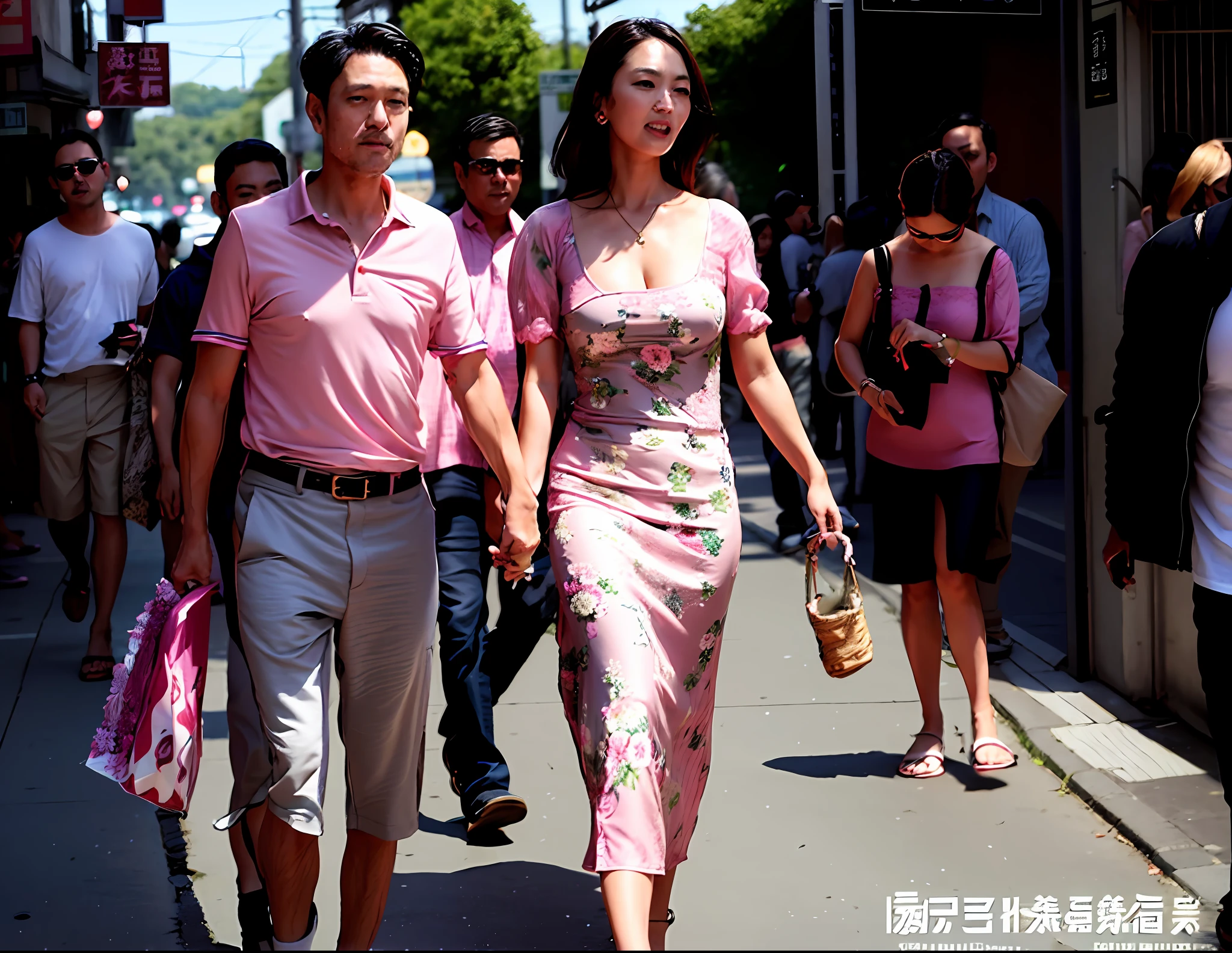 输出
A woman of about 28 years old in a pink dress walks down the street, Middle-aged man wearing pink shirt, Gray trousers. The woman wears a red new Chinese silk floral patchwork slip dress, Lovely couple. Yuyo Chiba, Put on a wonderful dress, Couple walking hand in hand, Wear a slip dress, dressed with billow clothes