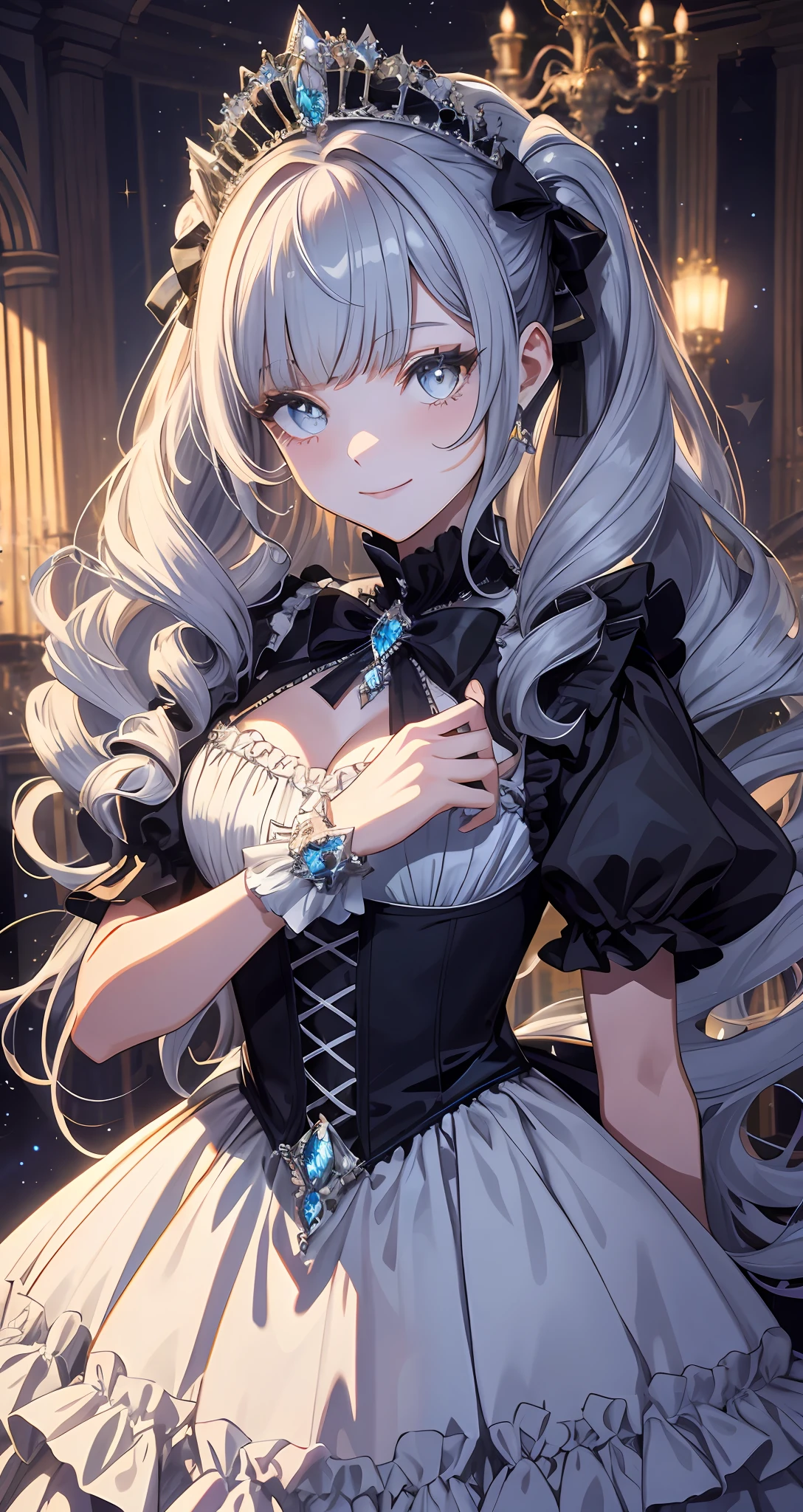 Dramatic composition, court-style dresses, royal, gorgeous, cascading frills, ruffles, bows, crystal chandeliers, Roman curly hairstyles, ponet, double ponytails like drills, look at the camera, bangs, maximalism, palatial background, delicate portrayal of hair and eyes, princess dresses, gorgeous skirts, flowers in hand, smiles, starry eyes, cinematic light, extreme detail, high definition, happy girl, very long hair, diamonds, broken diamonds, crystal fragments, light particles