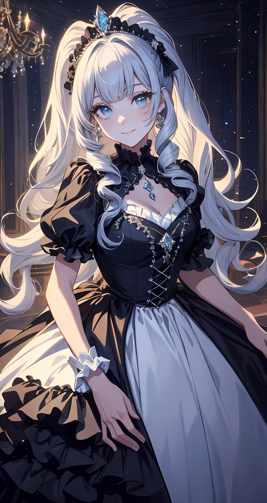 Dramatic composition, court-style dresses, royal, gorgeous, cascading frills, ruffles, bows, crystal chandeliers, Roman curly hairstyles, ponet, double ponytails like drills, look at the camera, bangs, maximalism, palatial background, delicate portrayal of hair and eyes, princess dresses, gorgeous skirts, flowers in hand, smiles, starry eyes, cinematic light, extreme detail, high definition, happy girl, very long hair, diamonds, broken diamonds, crystal fragments, light particles