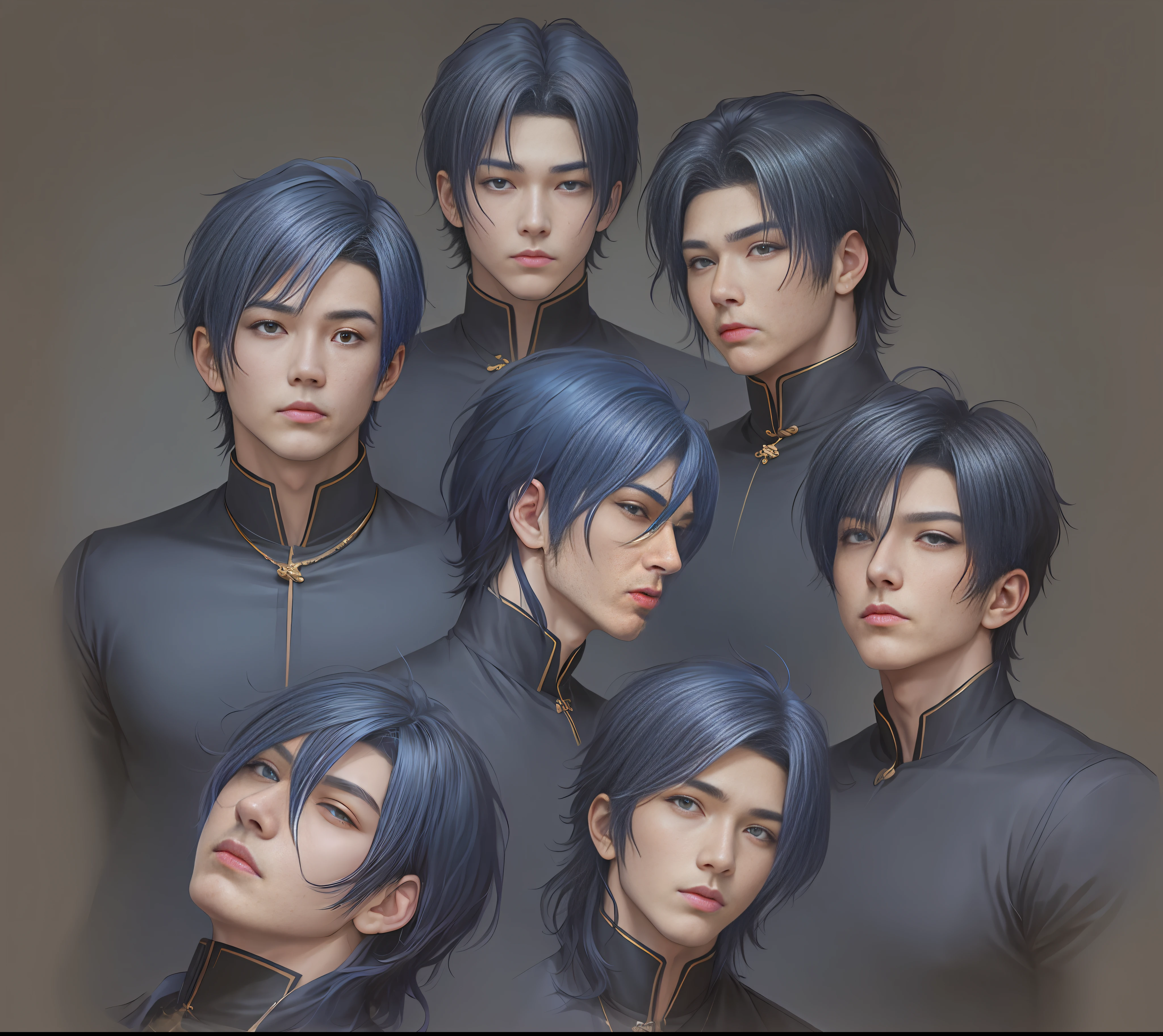 There are six views of a man, (dark blue hair), by Yang J, inspired by Cheng Yanjun, G Liulian Art Style, by Ni Tian, Anime Realist Style, by Ni Yuanlu, by Cheng Yanjun, Guvez style artwork, in the Art Style of Bovot, Human Male Character Art, ((Black Eyes))