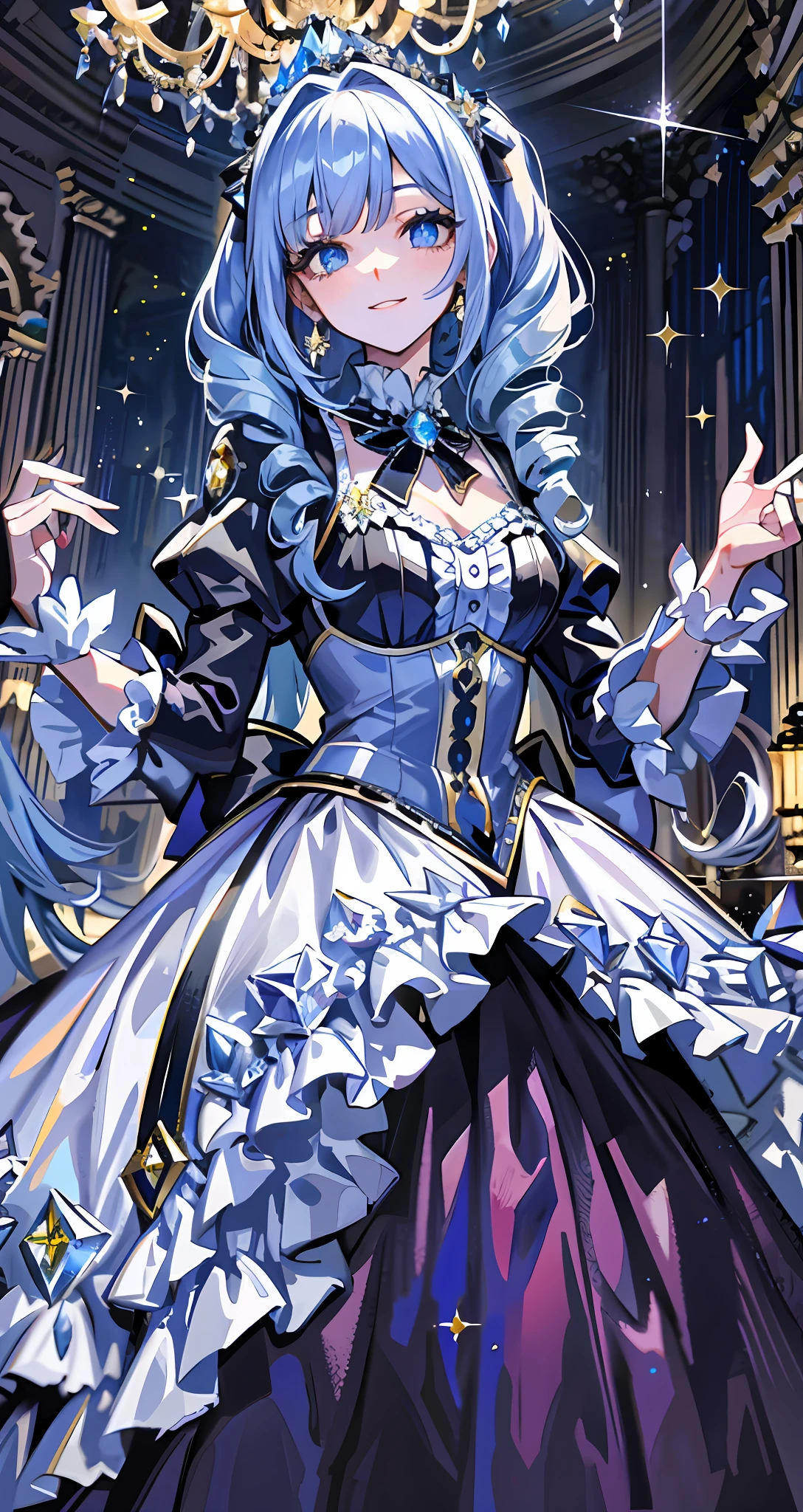 Dramatic composition, court-style dresses, royal, gorgeous, cascading frills, ruffles, bows, crystal chandeliers, Roman curly hairstyles, ponet, double ponytails like drills, look at the camera, bangs, maximalism, palatial background, delicate portrayal of hair and eyes, princess dresses, gorgeous skirts, flowers in hand, smiles, starry eyes, cinematic light, extreme detail, high definition, happy girl, very long hair, diamonds, broken diamonds, crystal fragments, light particles