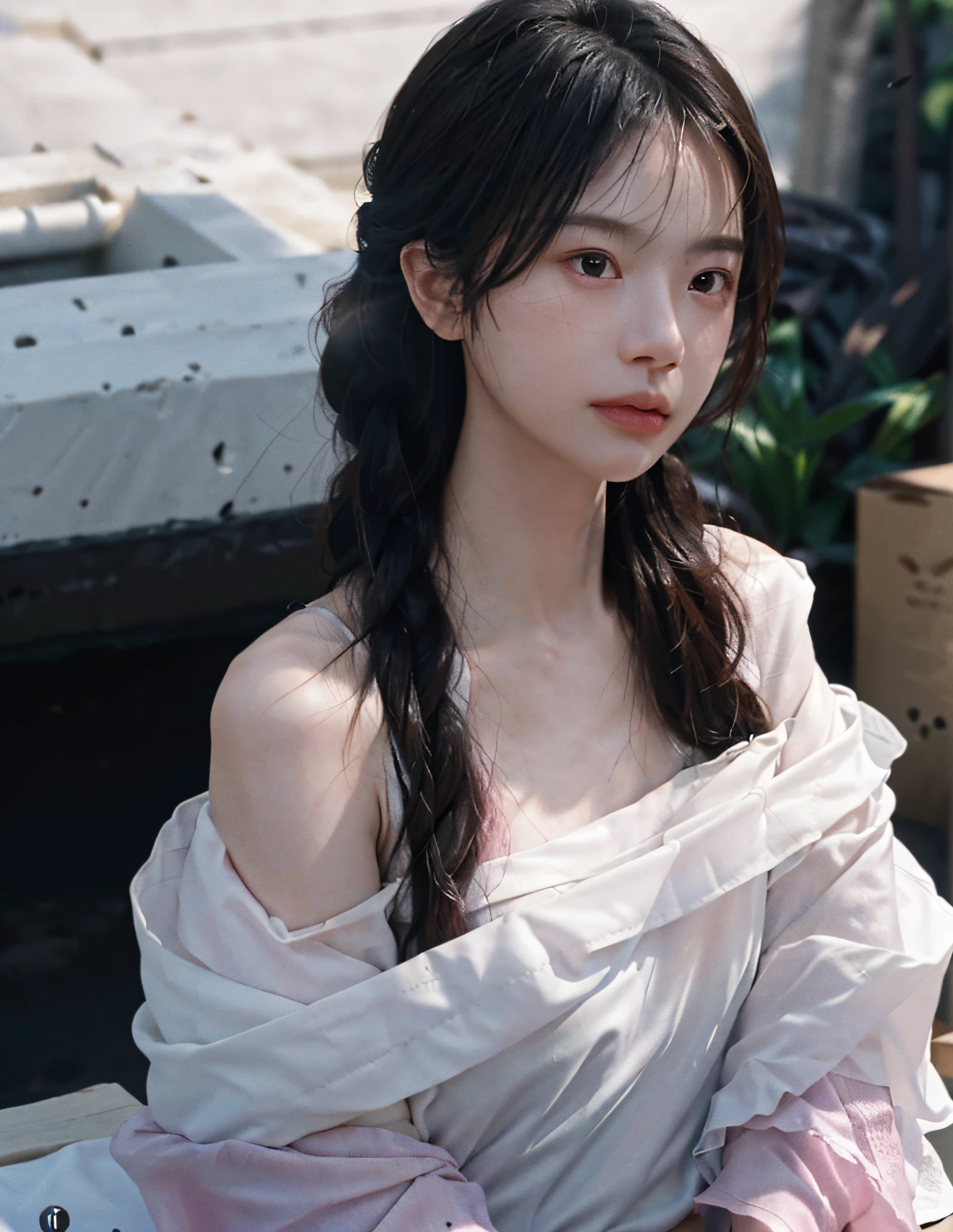 8k, RAW Photo, Best Quality, Masterpiece, High Detail RAW Color Photo, Professional Photo, (Realistic, Photorealistic Photorealism: 1.37), (High Detail Skin: 1.2), High Resolution, Beautiful Detailed Eyes, (Hard Focus: 1.4), (Clear Focus: 1.4), Realistic, (8K UHD: 1.2), Realistic High Quality Shadows, Split Lips, Slender Face, (Wavy Hair), Half Top Knot, Crown Braid, Pink Eye Color, Suggestive Look, (Extreme Facial Close-up) , pov, ((((depth of field))), pale and shiny skin, cropped draped collar shirt, 30 years old, buruma, roof, bokeh, lens flare, (vignetting: 0.8), dramatic lighting, cinematic lighting, backlighting, professional lighting, physically based rendering, ulzzang-6500-v1.1, pureerosface_v1.