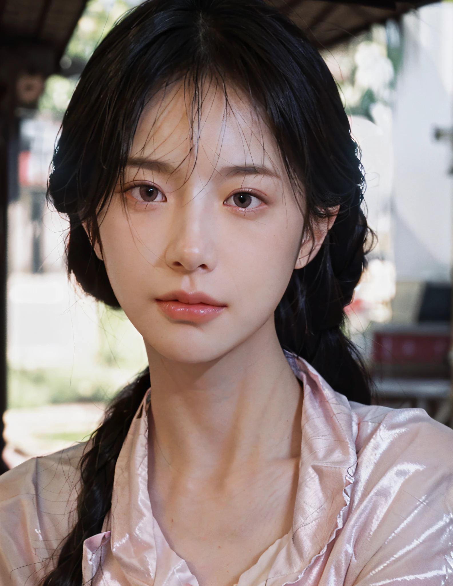 8k, RAW Photo, Best Quality, Masterpiece, High Detail RAW Color Photo, Professional Photo, (Realistic, Photorealistic Photorealism: 1.37), (High Detail Skin: 1.2), High Resolution, Beautiful Detailed Eyes, (Hard Focus: 1.4), (Clear Focus: 1.4), Realistic, (8K UHD: 1.2), Realistic High Quality Shadows, Split Lips, Slender Face, (Wavy Hair), Half Top Knot, Crown Braid, Pink Eye Color, Suggestive Look, (Extreme Facial Close-up) , pov, ((((depth of field))), pale and shiny skin, cropped draped collar shirt, 30 years old, buruma, roof, bokeh, lens flare, (vignetting: 0.8), dramatic lighting, cinematic lighting, backlighting, professional lighting, physically based rendering, ulzzang-6500-v1.1, pureerosface_v1.