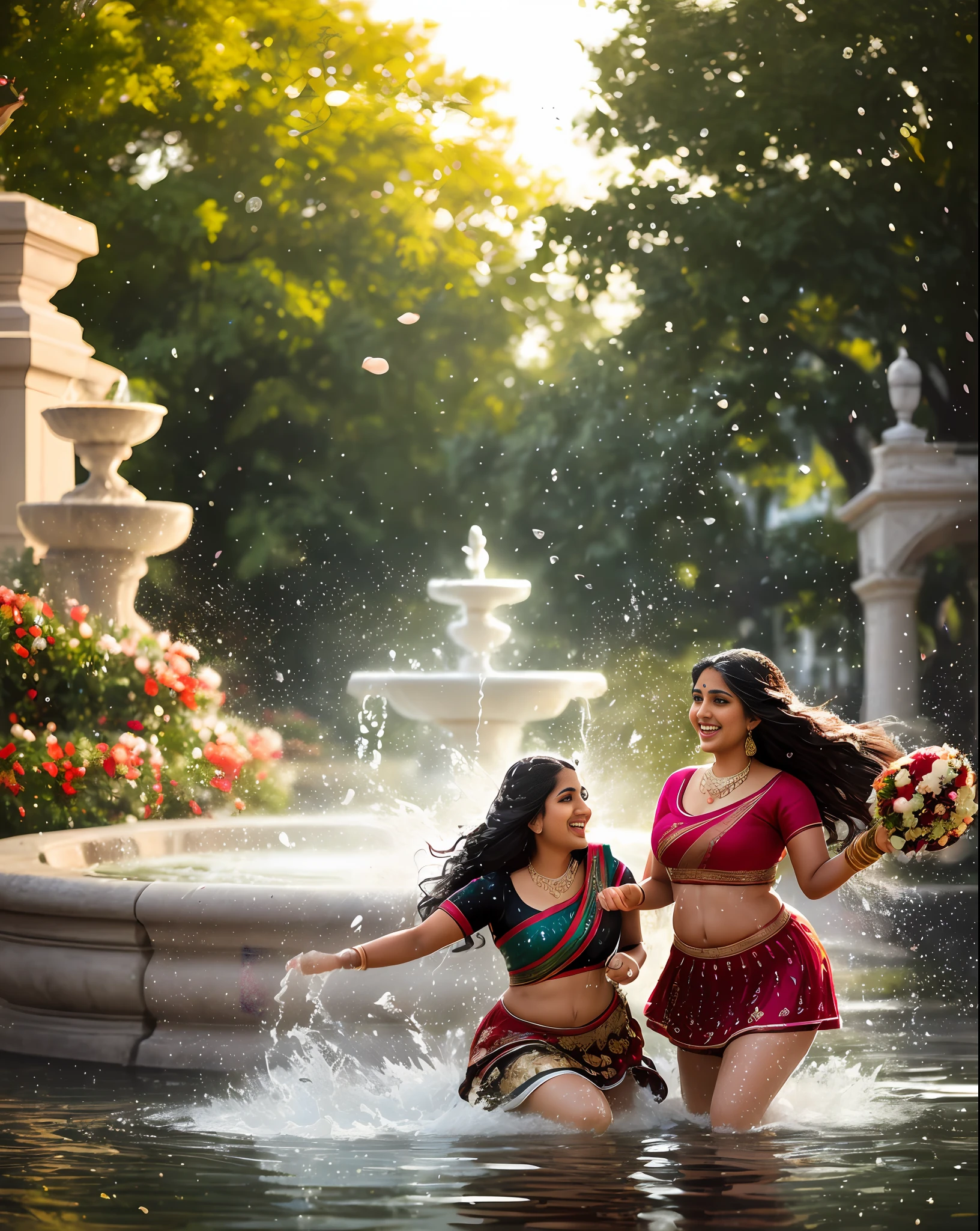 ( masterpiece photography) an alluring ravishing  curvy Indian lesbian couple (playing cheerfully:1.3) in a fountain in the town square, on a summer day, wearing wet intricate corsette & Skirt, navel, wet long brown wavy hair with highlights, wet glistening skin, (splashing water:1.3), (laughing:1.2) vivacious, lustful glance, exhilarated, reflections, (beautiful detailed eyes:1.1) , soft dramatic lighting, falling leaves and flowers bokeh, backlit, light rays, highly detailed, trending on artstation, paint splashes, rich colour,  falling leaves & flowers all around, (perfect long wavy hairstyles),  abstract portrait, by Atey Ghailan