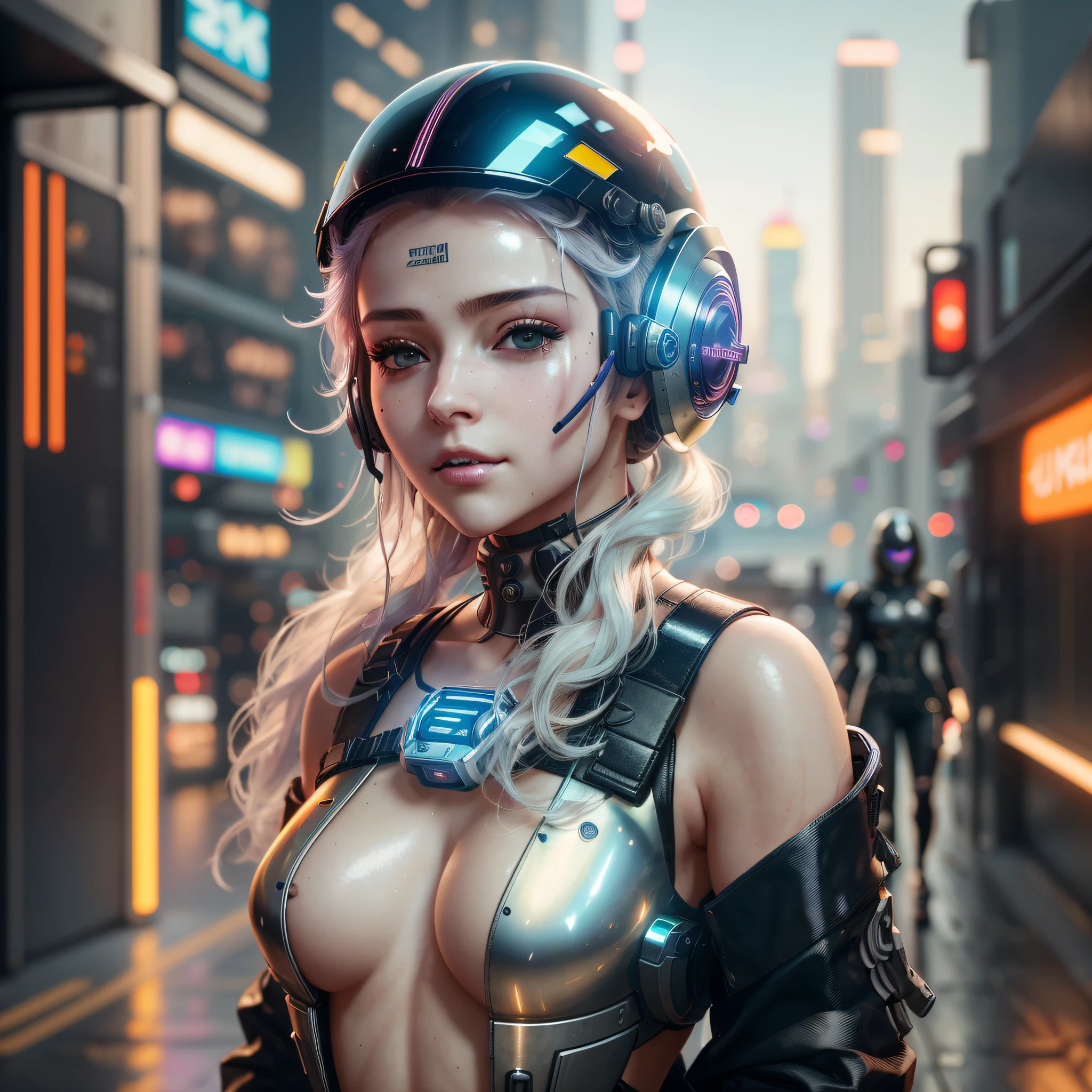 there is a woman in a helmet and a helmet on, dreamy cyberpunk girl, cyberpunk beautiful girl, cyberpunk 2 0 y. o model girl, cute cyborg girl, hyper-realistic cyberpunk style, female cyberpunk anime girl, digital cyberpunk - anime art, beautiful cyberpunk woman model, cyberpunk art ultrarealistic 8k, in cyberpunk city, in a futuristic cyberpunk city, cyberpunk girl