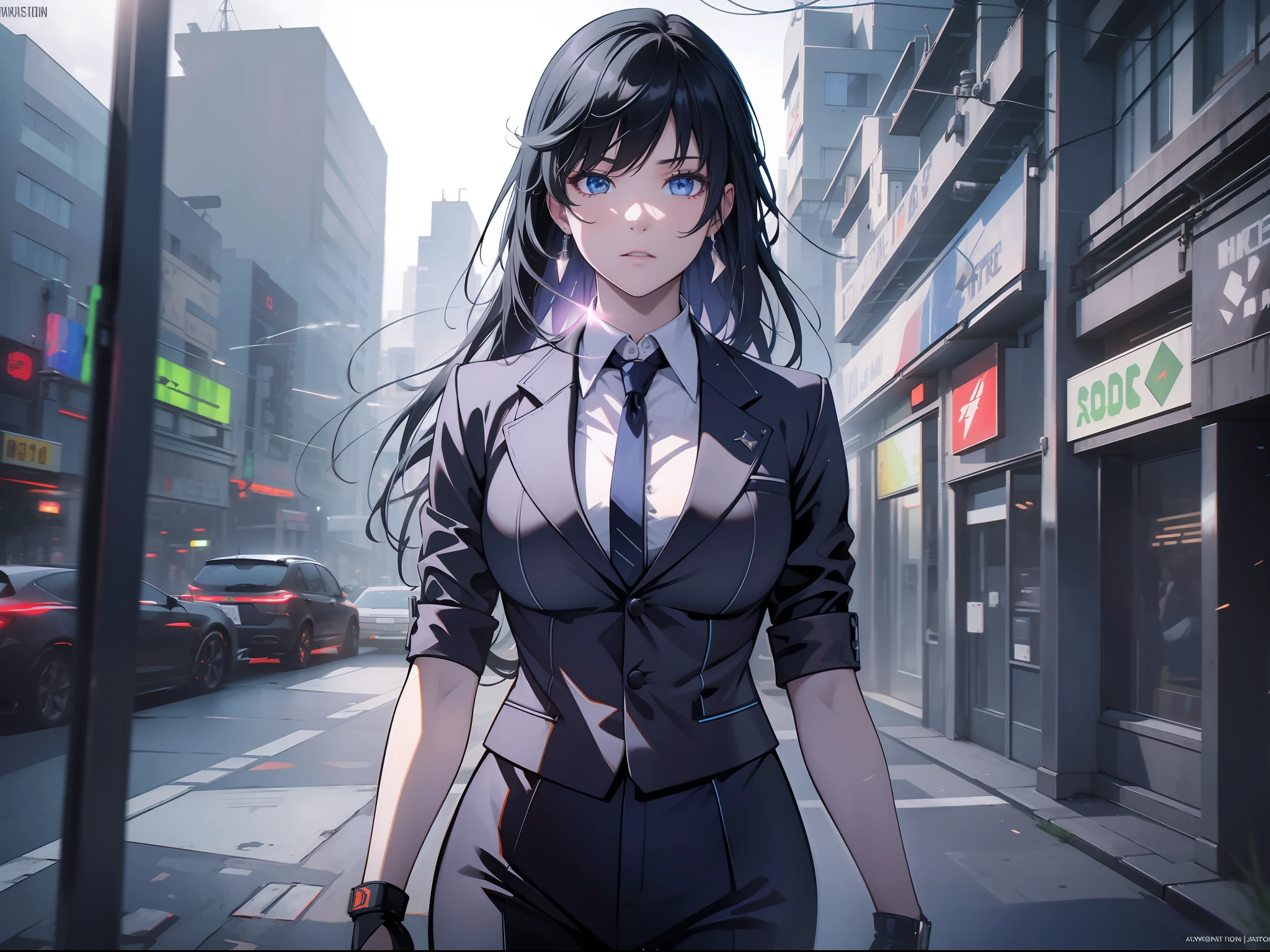 16K, HDR, RTX, raytracing, natural lighting, absurdres, best quality masterpiece, cowboy shot, perfect anatomy, highly detailed face, detailed eyes, 1girl, solo, wearing a business suit, shirt, top button open, long black hair, extreme beautiful, edgy, cool, windy, glowing eyes, serious expressions, detailed background, award winning, neon lights, trending on art station