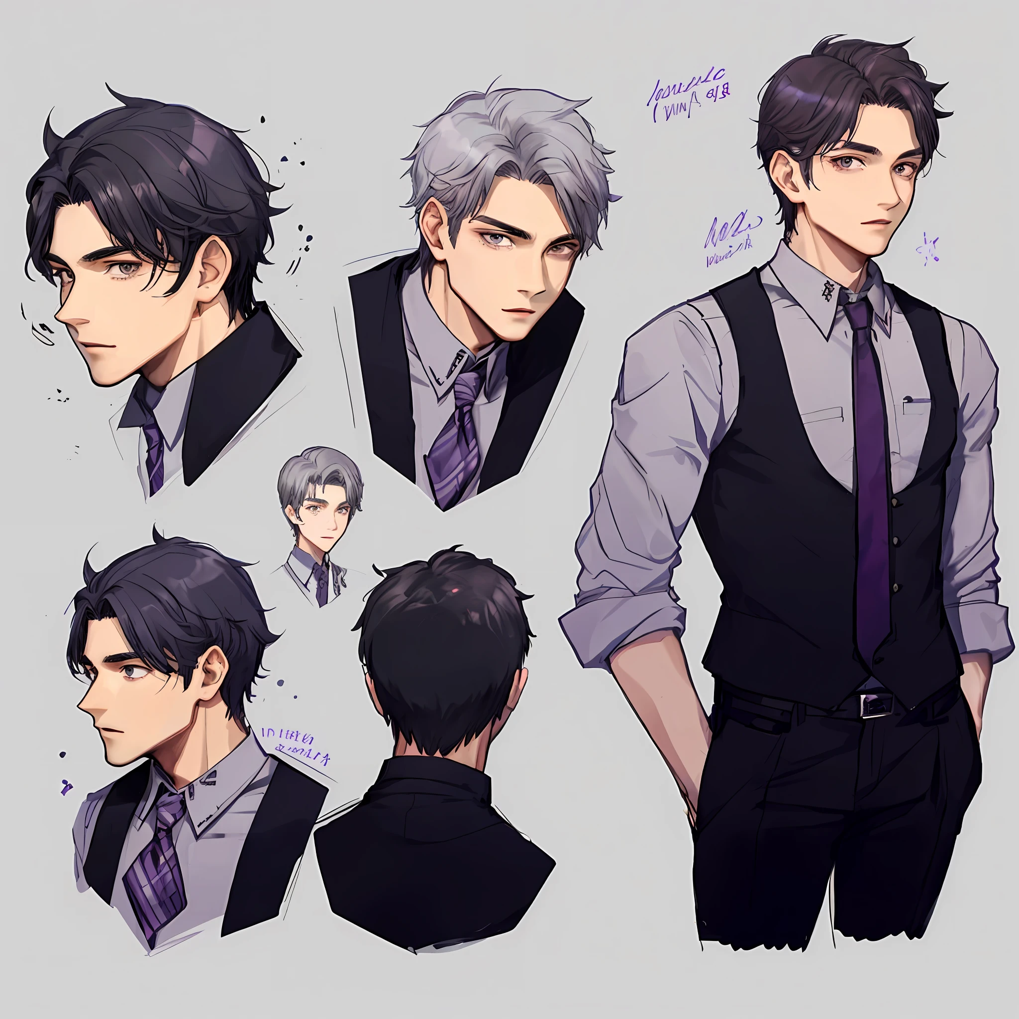 Young man of 16 years old, with purplish-black hair, short hair, handsome man, wearing shirt and vest, Western face
