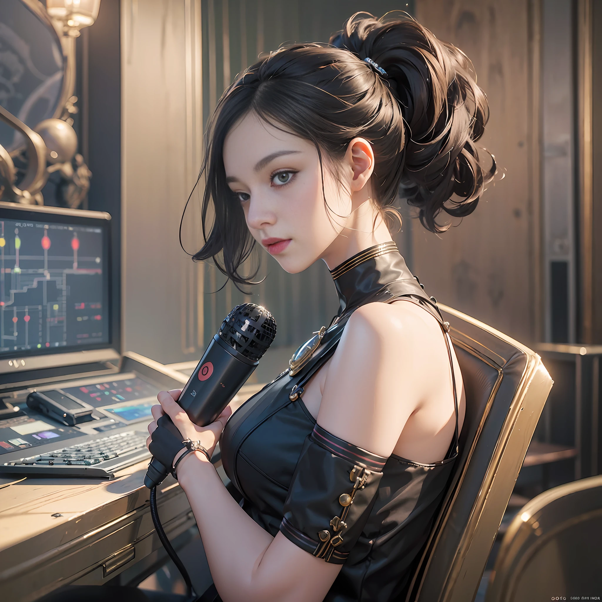 ead, Complex 3D rendering is super detailed, 1girl, ((Handheld microphone 1.3)), Look at the computer, Masterpieces, the best quality, (Anchor), (In the beautifully dressed live broadcast room), (Delicate beautiful eyes and delicate face), movie lights, (Bust), (PureErosFace_V1:0.6), 18 years old, black ponytail, curl, pure, Real human skin, vibrant details, Beautiful background (room: 1.2), Octane Render, the best quality, Masterpieces, Very refined and beautiful, Very Detailed, CG, unified, Wallpaper, (Realistic.), Realistic: 1.37), sweet, Art Deco, 8k --auto --s2