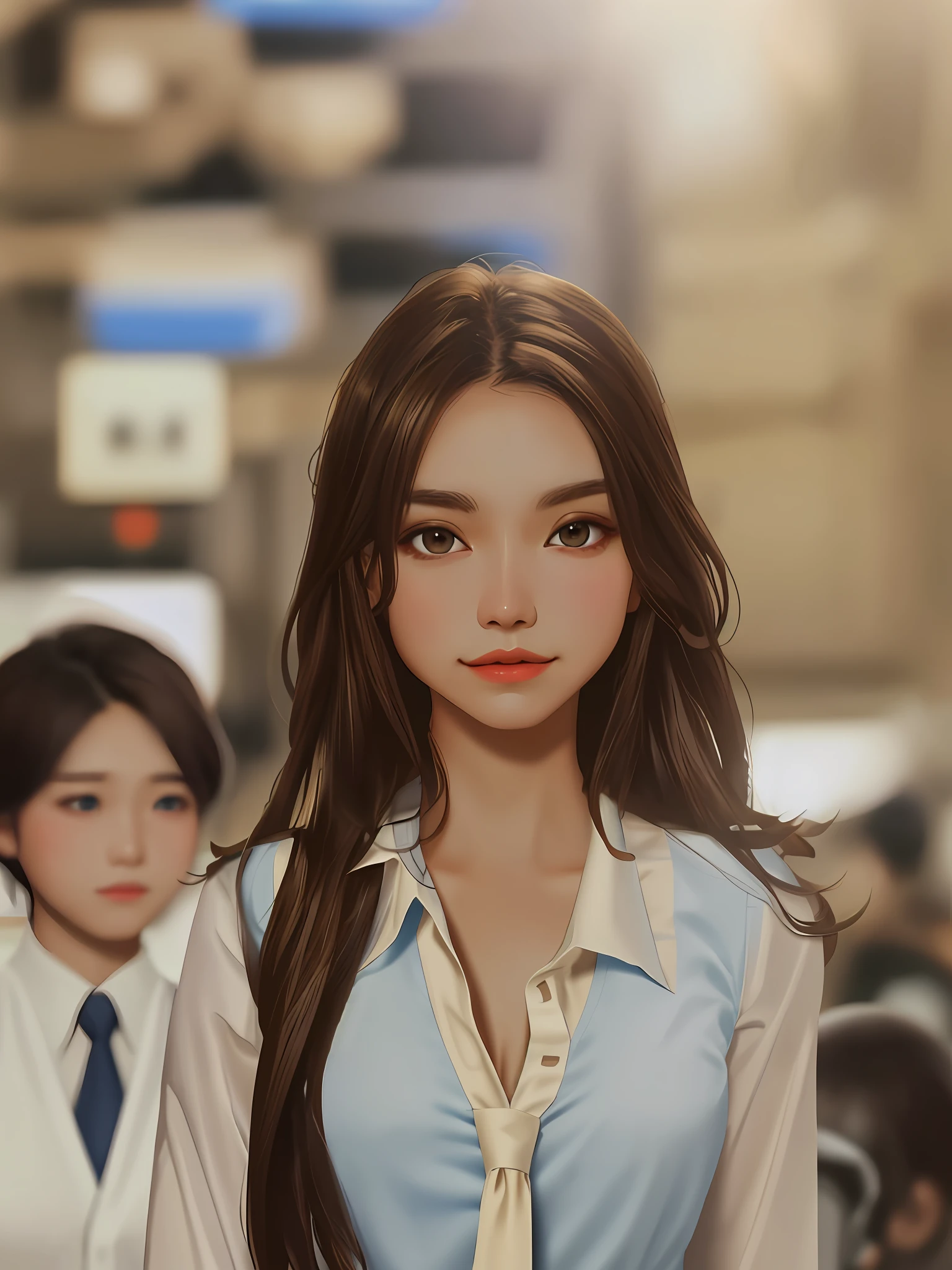 Dark brown hair, brown eyes, white shirt, blue tie, beige skirt