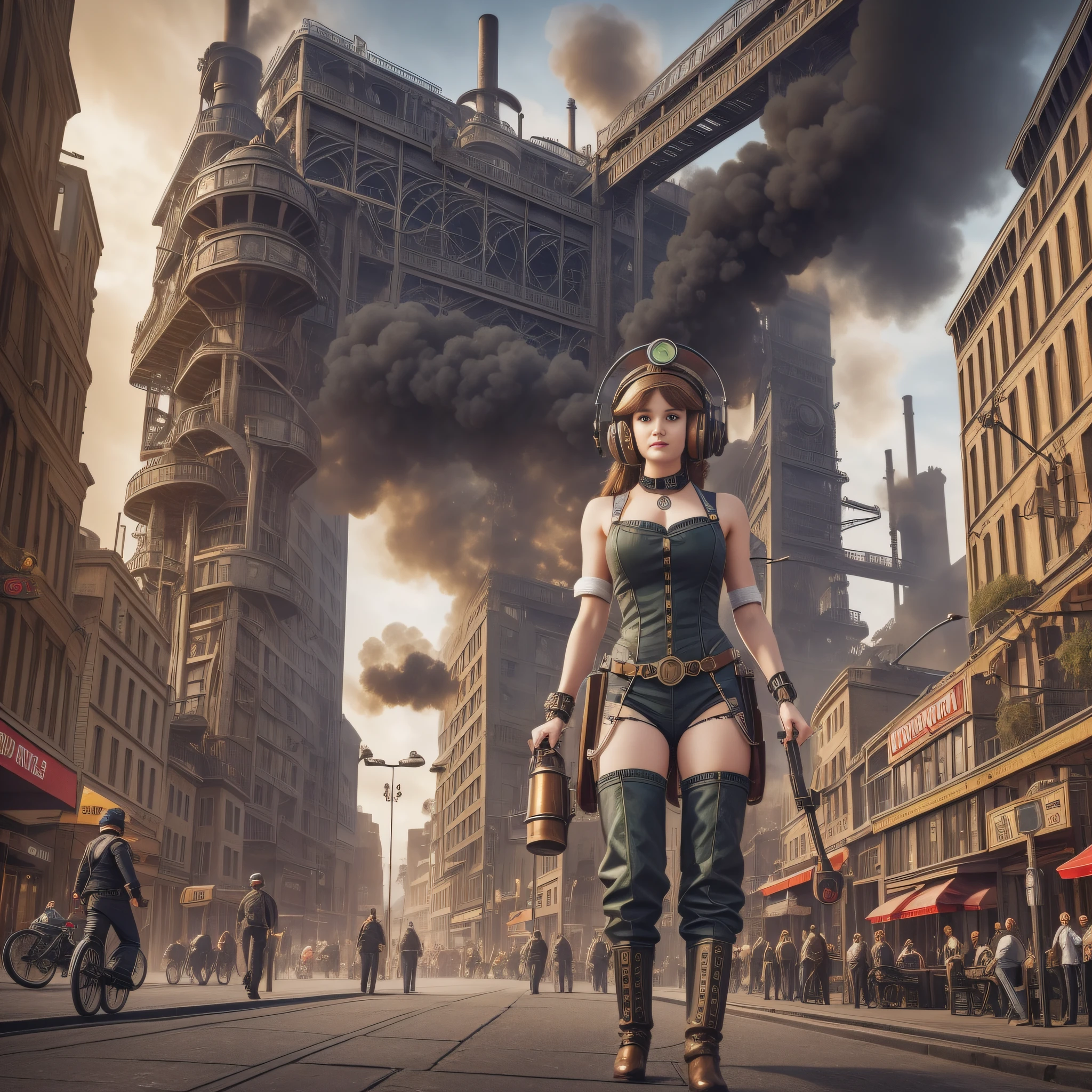 Street photography style image. A snapshot of a steampunk cityscape. Epic automobiles with steam engines on the street. Steam engine powered flying vehicles in the sky. A smiley beautiful 19-years-old caucasian steampunk angel girl in light gray steampunk jumpsuit walking down the street. Red long boots, intercom headset. steampunk choker, perfect detailed face, detailed symmetric green eyes with circular iris, wavy ginger hair, wearing enormous mechanical wings in her back, overall theme is street photography in Industrial Steampunk City, cogs and gears, steamy background with lots of steam pipes and steam valves and pressure gauges and gears, realistic, stunning realistic photograph, 3d render, octane render, cinematic, Isometric, Centered, hyperealistic cover photo, awesome full color, 12k, high definition, cinematic, portrait featured on unsplash, smooth, ultra high definition, 8k, ultra sharp focus, intricate artwork, masterpiece, ominous, epic, highly detailed, warm cinematic