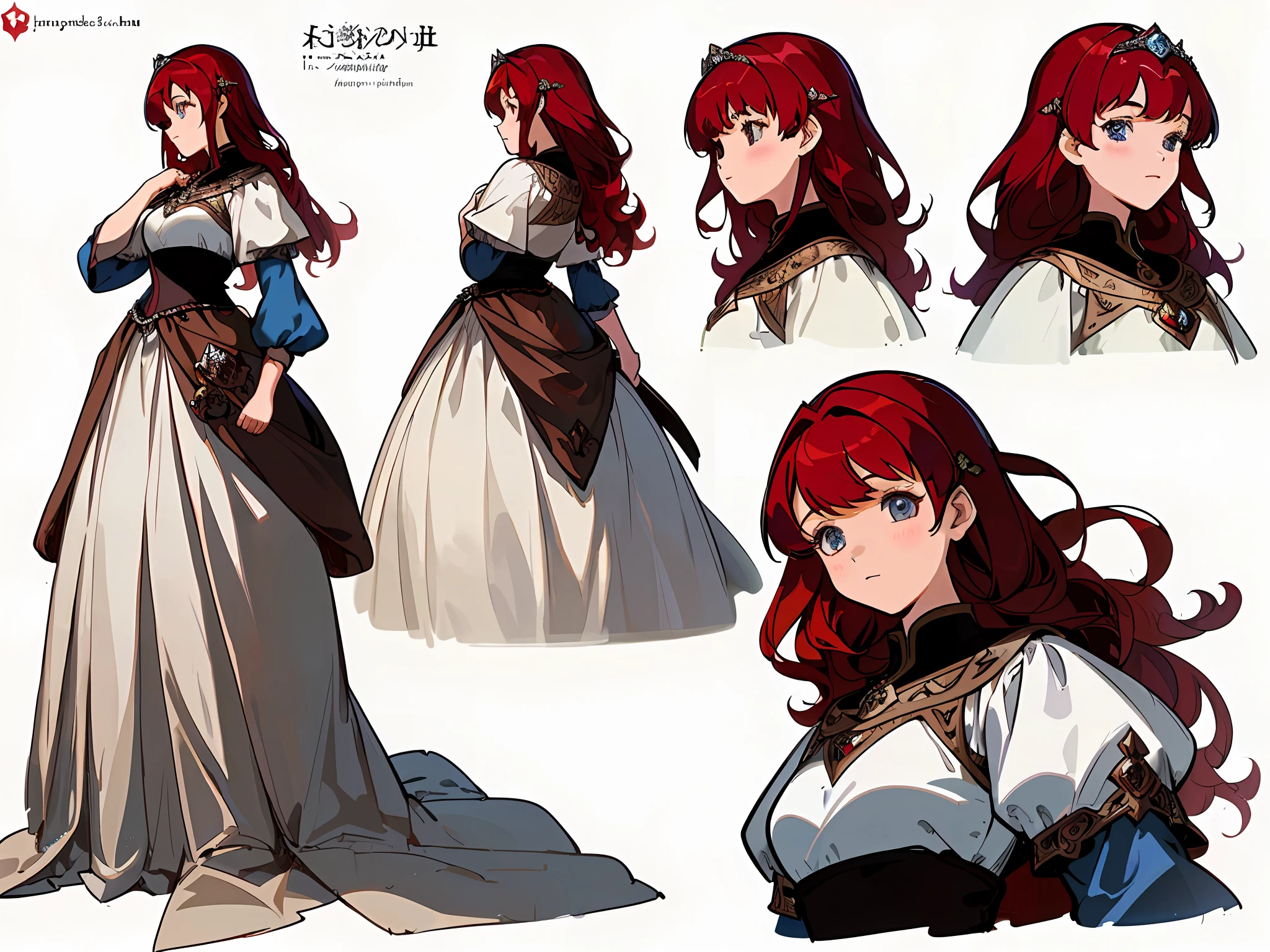 ((masterpiece)),(((best quality))),(character design sheet,same character,front,side,back),illustration,1 girl,red hair,princess cut,hair on eyes,beautiful eyes, Environment change, pose too, medieval princess dress, magic, charturnbetalora, (simple background, white background: 1.3)