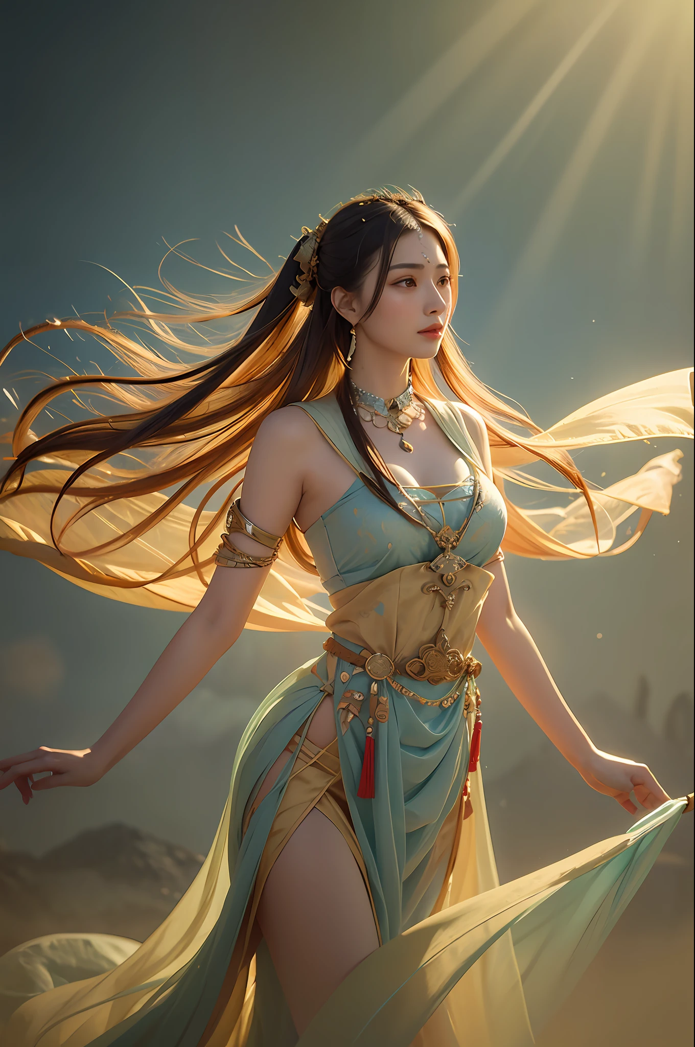 1girl, Dunhuang Flying Apsaras costume, messy long hair, Ji Jian, Dunhuang style, a lot of smoke, superb, elegant colors, (realistic, high detail, masterpiece, super detailed, dynamic angle, mural background, ink wash, amazing, movie lighting, illustration, chiaroscuro, backlighting, god rays, holland, best quality, best quality