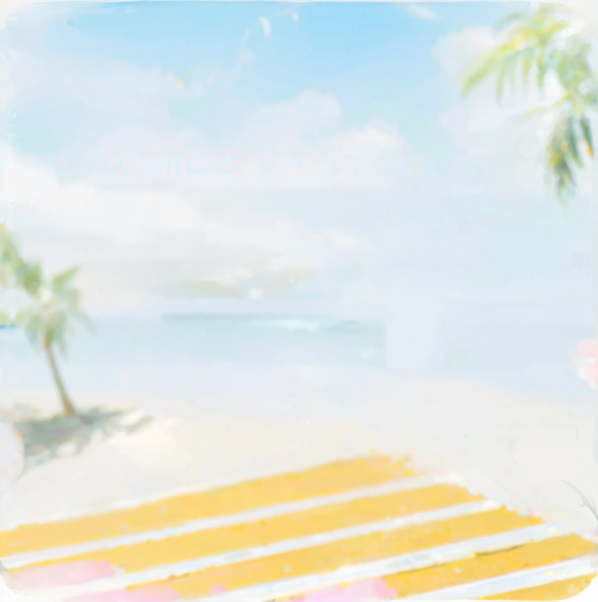 There is a picture of beach scene with surfboard and palm trees, beach background, seaside background, blue sky and white clouds, blur and dream illustration, beach scene, breeze background, island background, beach setting, focus background, out of focus background, volleyball court background, けもの, blur and dream illustration, tropical background --auto --s2