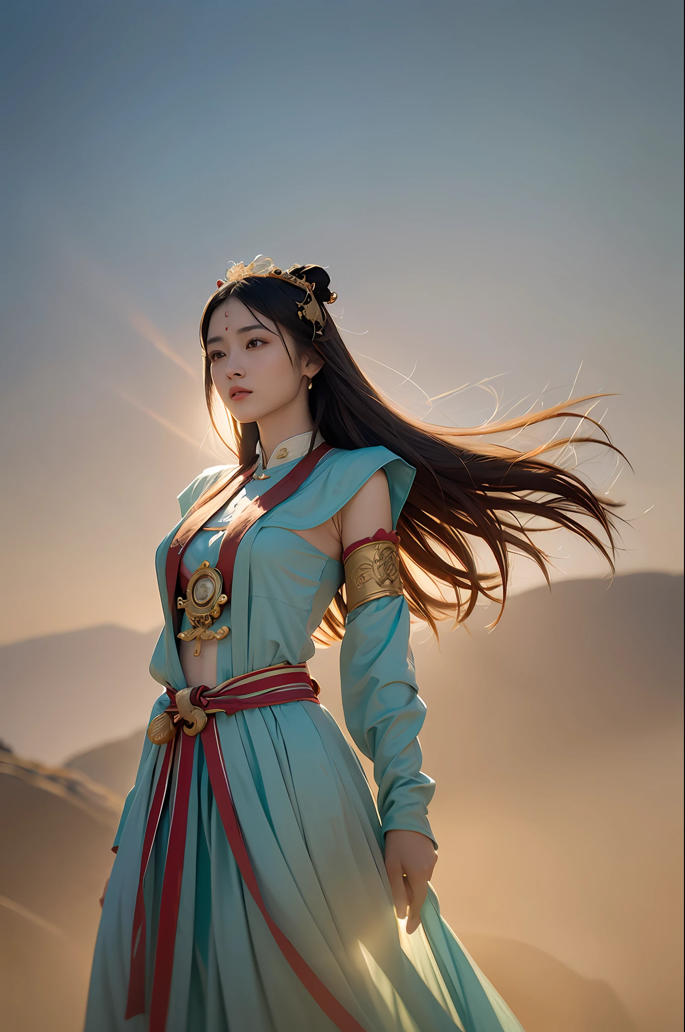 1girl, Dunhuang Flying Apsaras costume, messy long hair, Ji Jian, Dunhuang style, a lot of smoke, superb, elegant colors, (realistic, high detail, masterpiece, super detailed, dynamic angle, mural background, ink wash, amazing, movie lighting, illustration, chiaroscuro, backlighting, god rays, holland, best quality, best quality