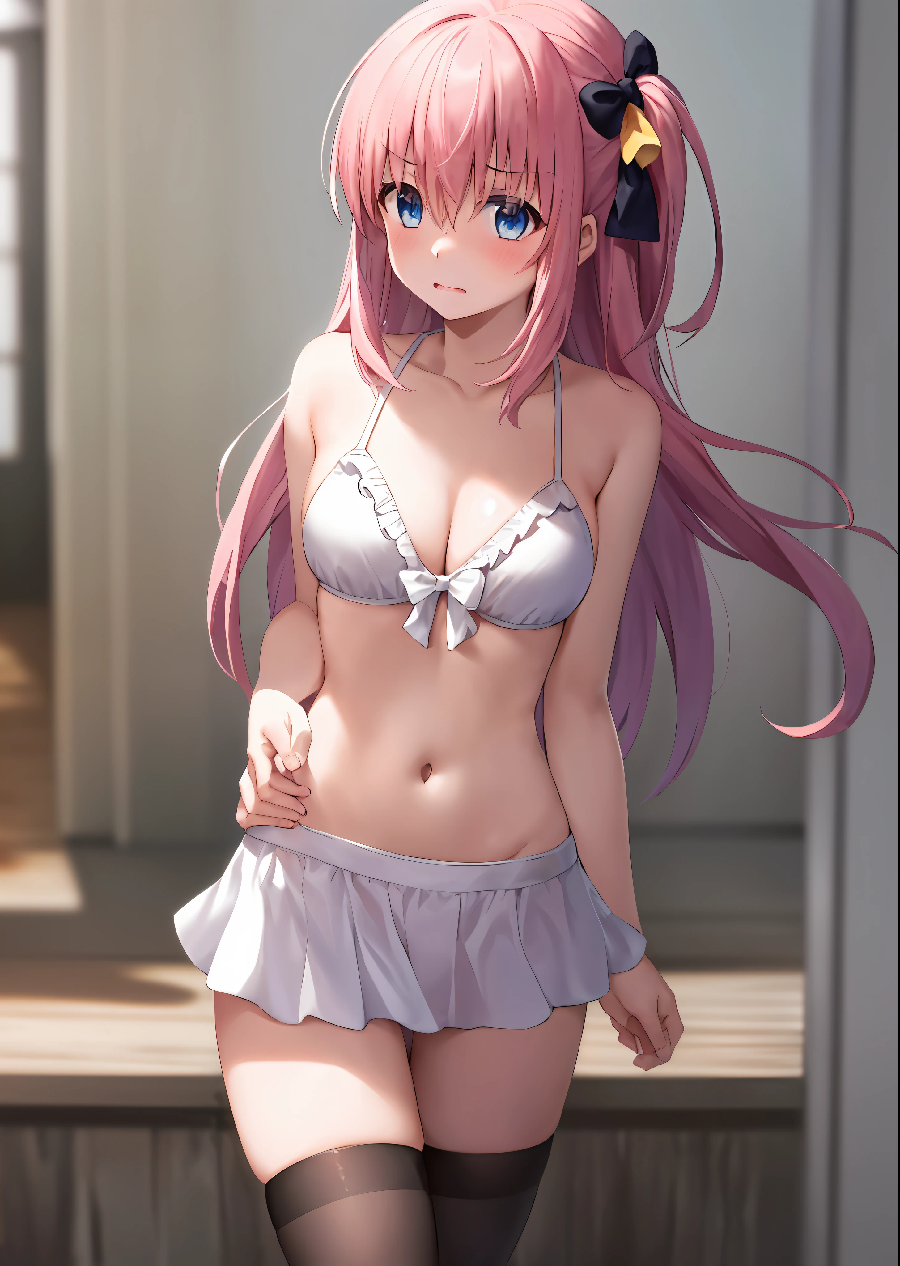 masterpiece, (1girl:1.3), bow, bikini, frills, teasing (expression), hair bow, long hair, (looking into your eyes), one side up, pink hair, shaded face, solo, thigh highs, white thigh highs, medium breast, hand on hip, portrait, ponytail with a bow, white big bow, eye contact, scared, mini dress, swimsuit