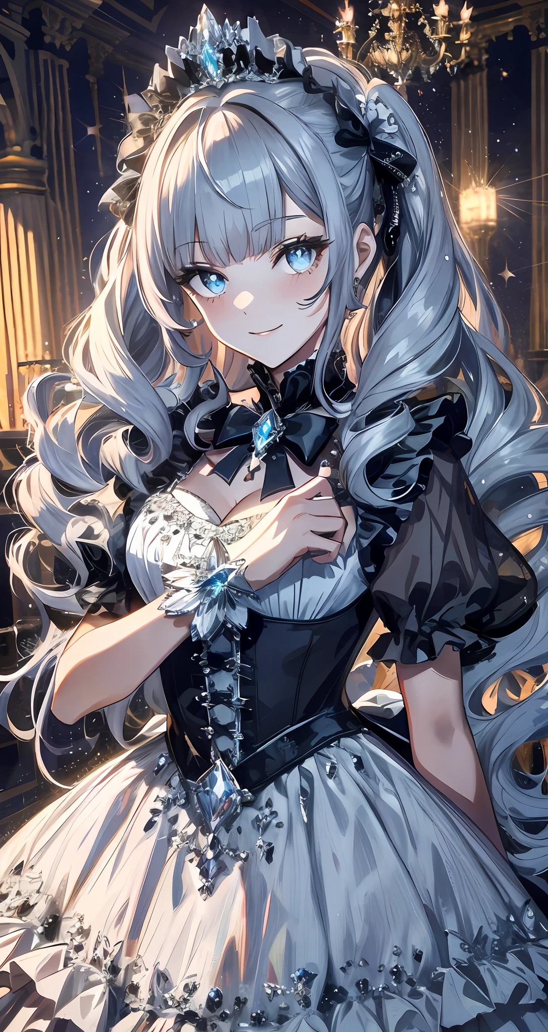 Dramatic composition, court-style dresses, royal, gorgeous, cascading frills, ruffles, bows, crystal chandeliers, Roman curly hairstyles, ponet, double ponytails like drills, look at the camera, bangs, maximalism, palatial background, delicate portrayal of hair and eyes, princess dresses, gorgeous skirts, flowers in hand, smiles, starry eyes, cinematic light, extreme detail, high definition, happy girl, very long hair, diamonds, broken diamonds, crystal fragments, light particles