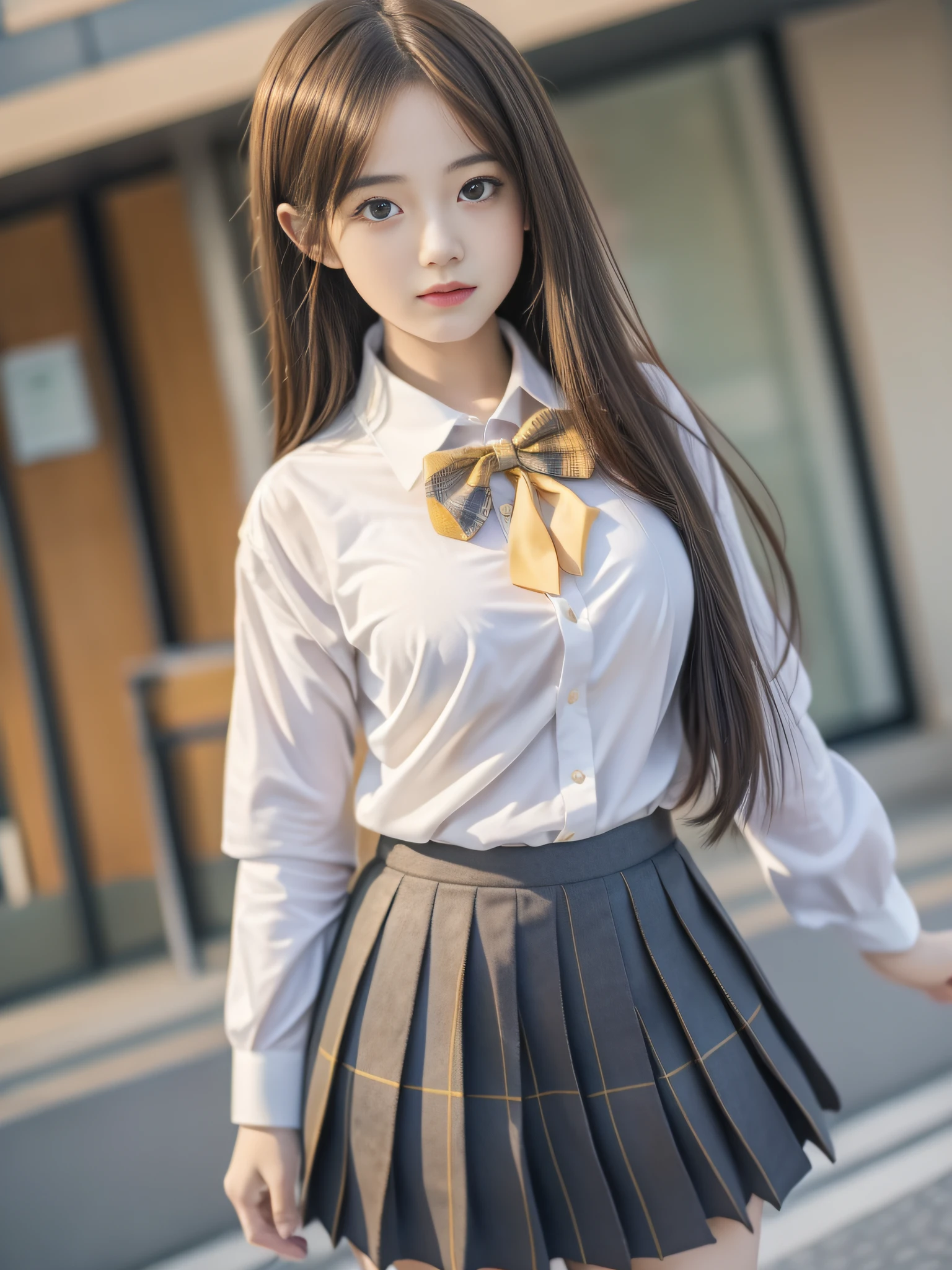 (8K, Best Quality, Masterpiece: 1.2), Realistic, Ultra High Resolution, Intricate Details, 1 Girl, Beautiful Face, JK Suit, White Shirt, Yellow Bow Tie, Yellow Skirt, Plaid Skirt, Pleated Skirt, Upper Body, Standing, Wide Angle Lens, Surreal Schoolgirl, Surreal Schoolgirl, Realistic Anime 3 D Style, Realistic Schoolgirl, Smooth Anime CG Art, 3 D Anime Realistic, Beautiful Anime High School Girls, Sakimichan HDRI, Fantastic school student uniform, realistic anime, realistic young anime girl (8K, best quality, masterpiece: 1.2), realistic, super high resolution, intricate details, 1 girl, beautiful face, JK suit, white shirt, upper body