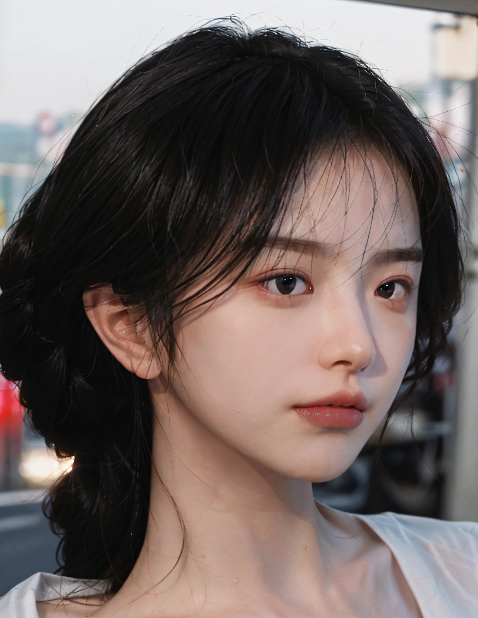 8k, RAW Photo, Best Quality, Masterpiece, High Detail RAW Color Photo, Professional Photo, (Realistic, Photorealistic Photorealism: 1.37), (High Detail Skin: 1.2), High Resolution, Beautiful Detailed Eyes, (Hard Focus: 1.4), (Clear Focus: 1.4), Realistic, (8K UHD: 1.2), Realistic High Quality Shadows, Split Lips, Slender Face, (Wavy Hair), Half Top Knot, Crown Braid, Pink Eye Color, Suggestive Look, (Extreme Facial Close-up) , pov, ((((depth of field))), pale and shiny skin, cropped draped collar shirt, 30 years old, buruma, roof, bokeh, lens flare, (vignetting: 0.8), dramatic lighting, cinematic lighting, backlighting, professional lighting, physically based rendering, ulzzang-6500-v1.1, pureerosface_v1.