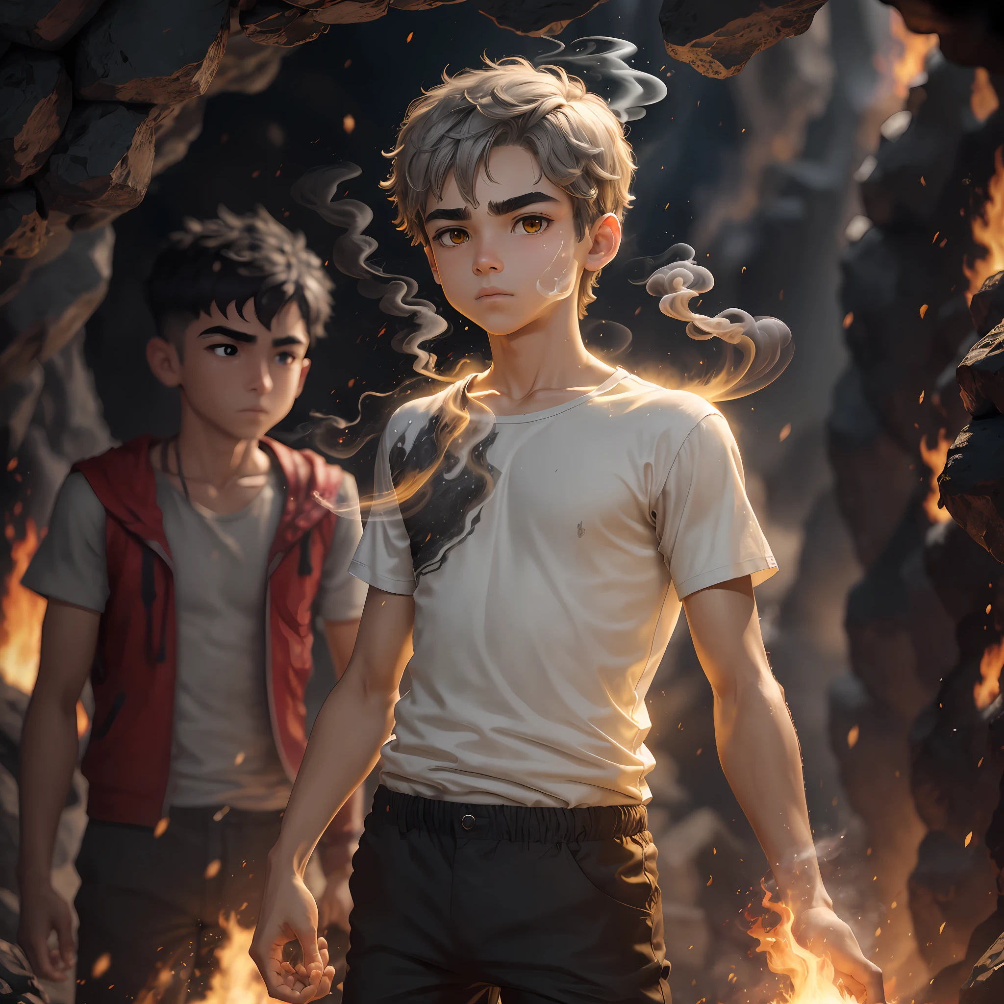 masterpiece, best quality, realistic, extremely detailed face, man 12 years old, slim, in an open shirt, (yellow eyes: 0.8), (thick eyebrows: 0.5), [light skin tone: 1], [fair skin: 1], thin teenage body, light gray hair, (short hair: 0.8), black pants, detailing, duet, sharp focus, demon, burning, fire, smoke, ash, cave, dynamic, lava spray, burns, clothes covered with ash, 8 k --auto --s2
