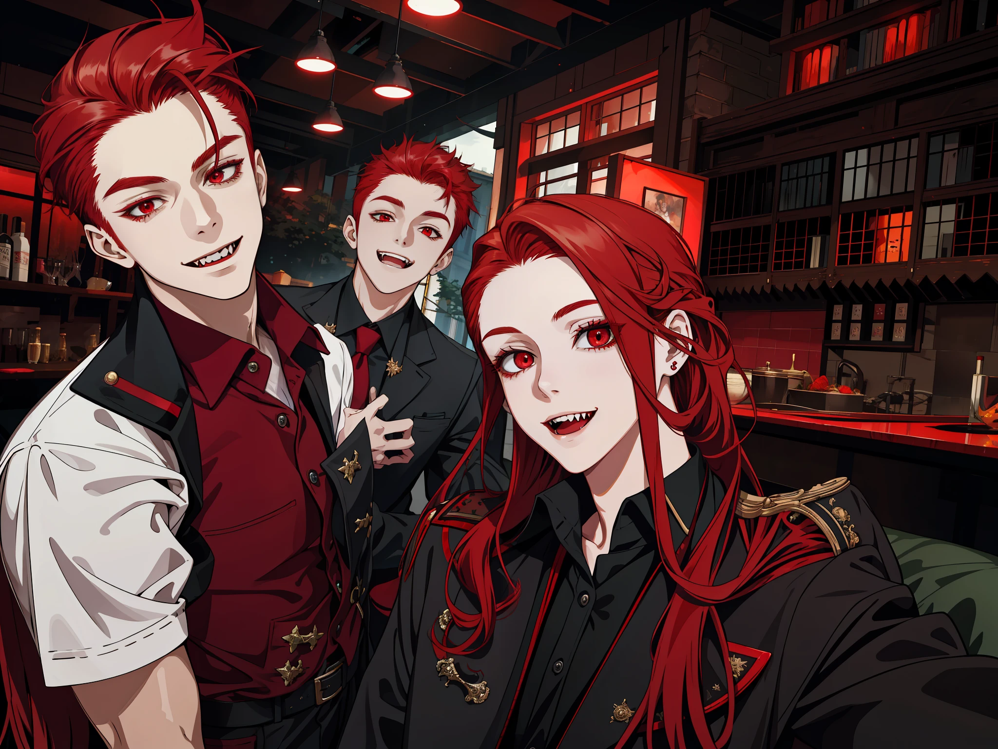 masterpiece, best quality, highres, 1girl, solo, modern vampire, red hair, long hair, open hair, red eyes, evil smile, 2 young boys on her both sides, both vampires with red hair, red and black outfit, scary background