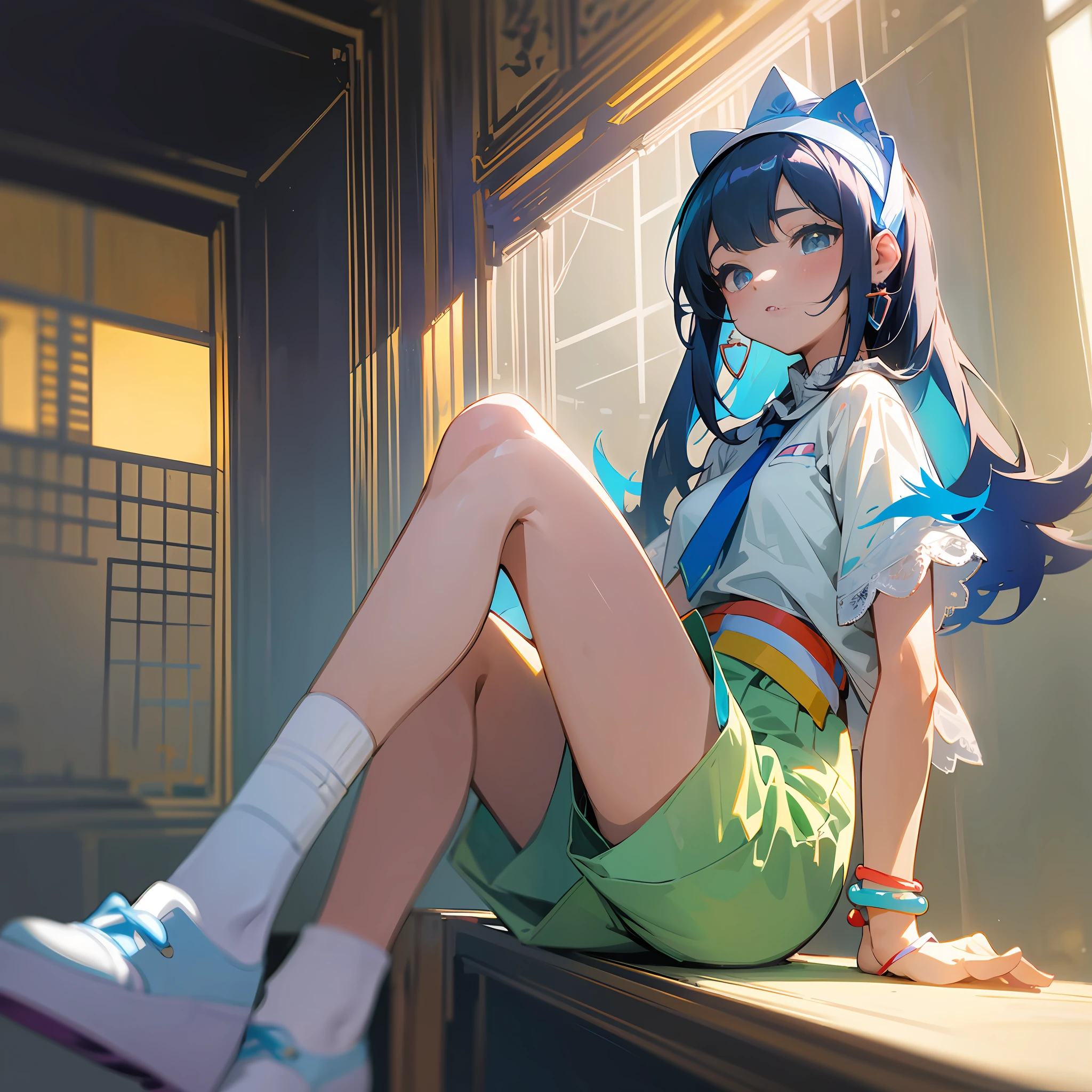 Two-dimensional painting style, two-dimensional anime style, looking up view, Yoneshan dance, Sanqiaoju, two-point perspective, an idyllic 18-year-old girl, earrings, headband, white lace bracelet, wearing white short-sleeved clothes, blue shorts, sitting on a chair, anatomically correct, legs up, wearing mid-tube socks, wearing platform white canvas shoes, official art, light and shadow art, light and shadow details, two-tone light, soft light, masterpiece, delicate eyes, depth of field, background bokeh, avoid realism, avoid high heels, text intensity 12, Random seed 1.5 --auto --s2