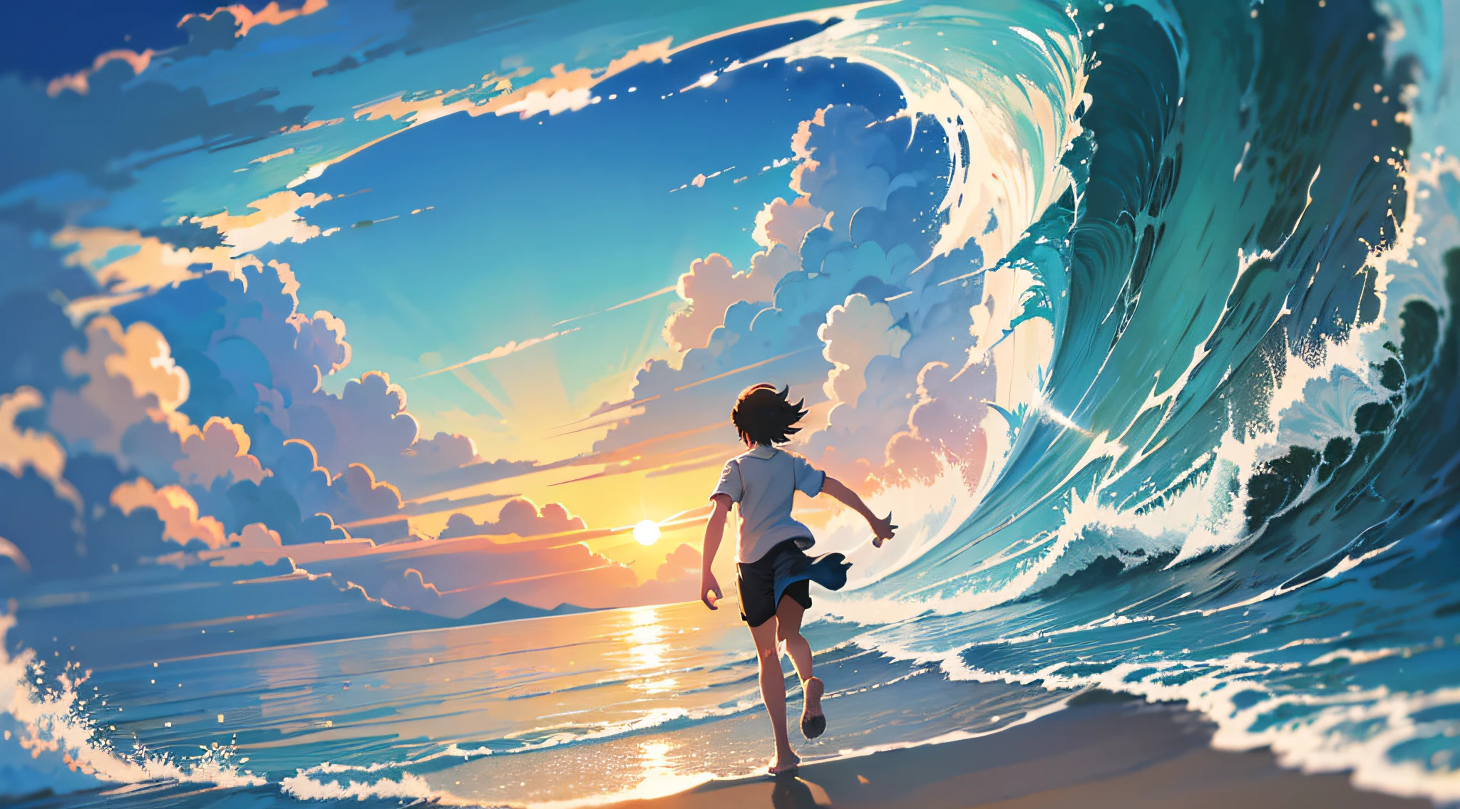 Sunshine, silver sand, blue waves, boy running to the rising sun, Makoto Shinkai style, illustration, romanticism, Ghibli-like colors, anime style --auto --s2